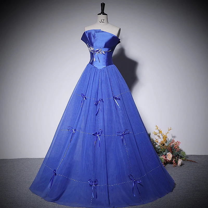 Blue A line Tulle Poofy Sleeveless Lace Up Floor Length Evening Dress Party Dresses Prom Dress