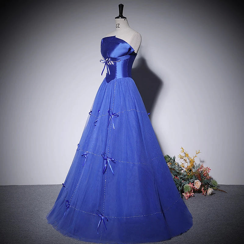 Blue A line Tulle Poofy Sleeveless Lace Up Floor Length Evening Dress Party Dresses Prom Dress