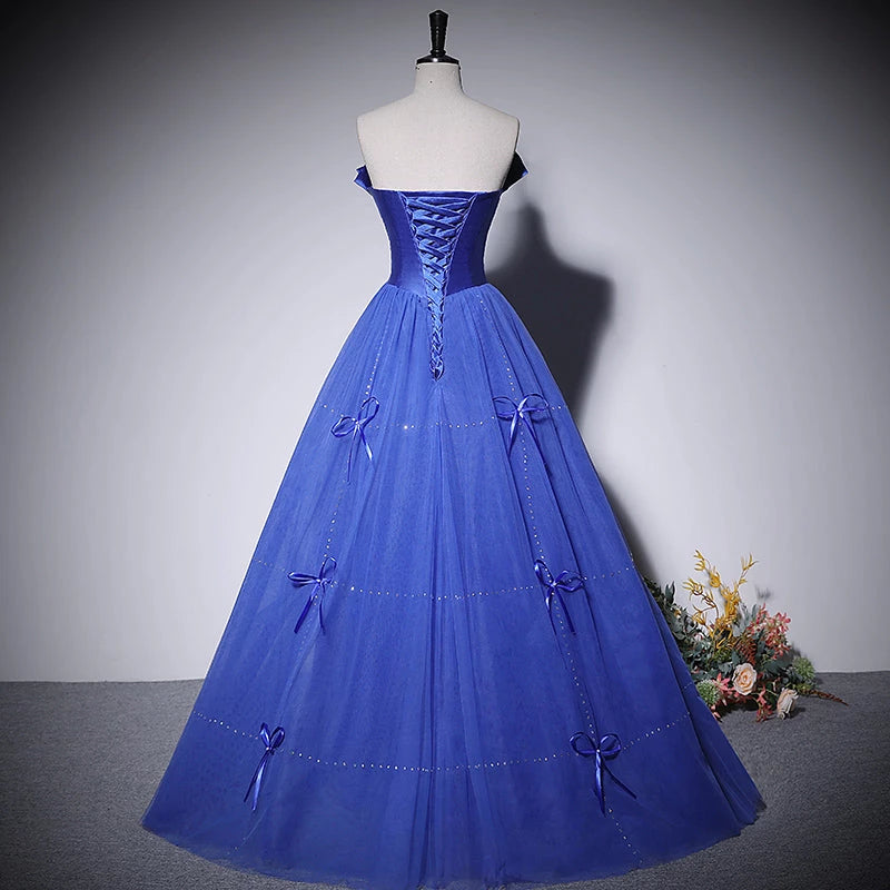 Blue A line Tulle Poofy Sleeveless Lace Up Floor Length Evening Dress Party Dresses Prom Dress