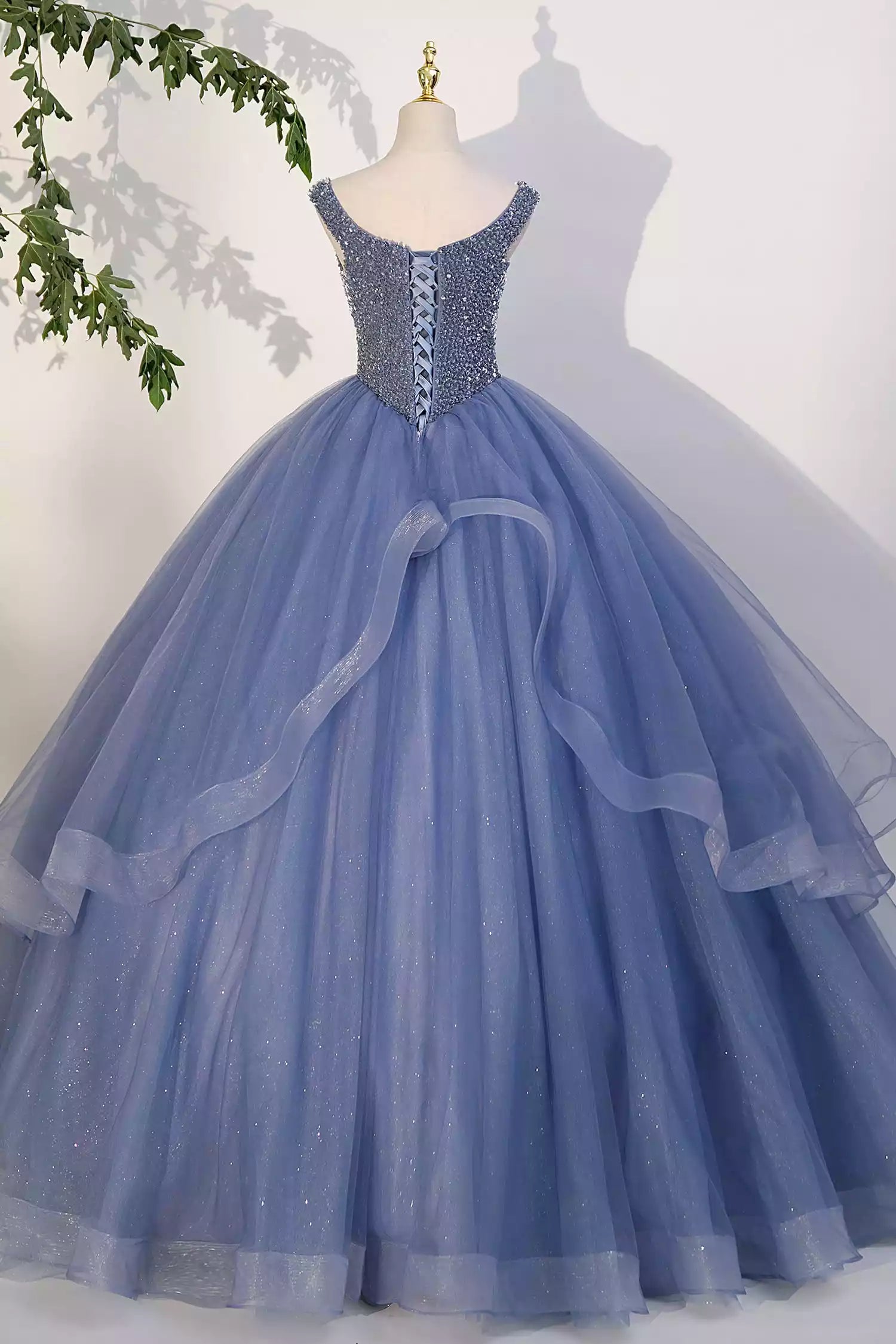 Blue Beaded Tulle Floor Length Long A-Line Prom Dress Blue Formal Evening Dress