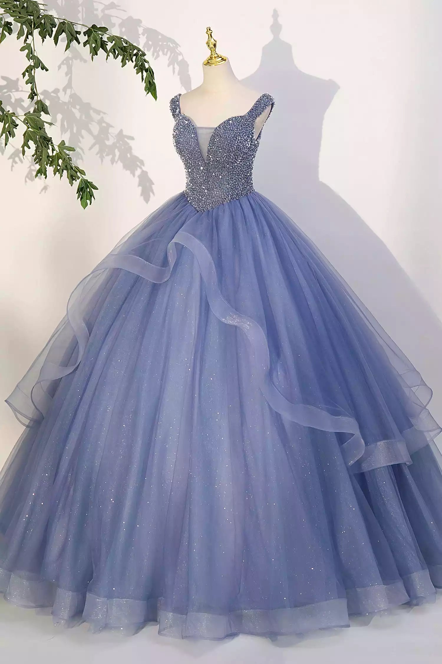 Blue Beaded Tulle Floor Length Long A-Line Prom Dress Blue Formal Evening Dress