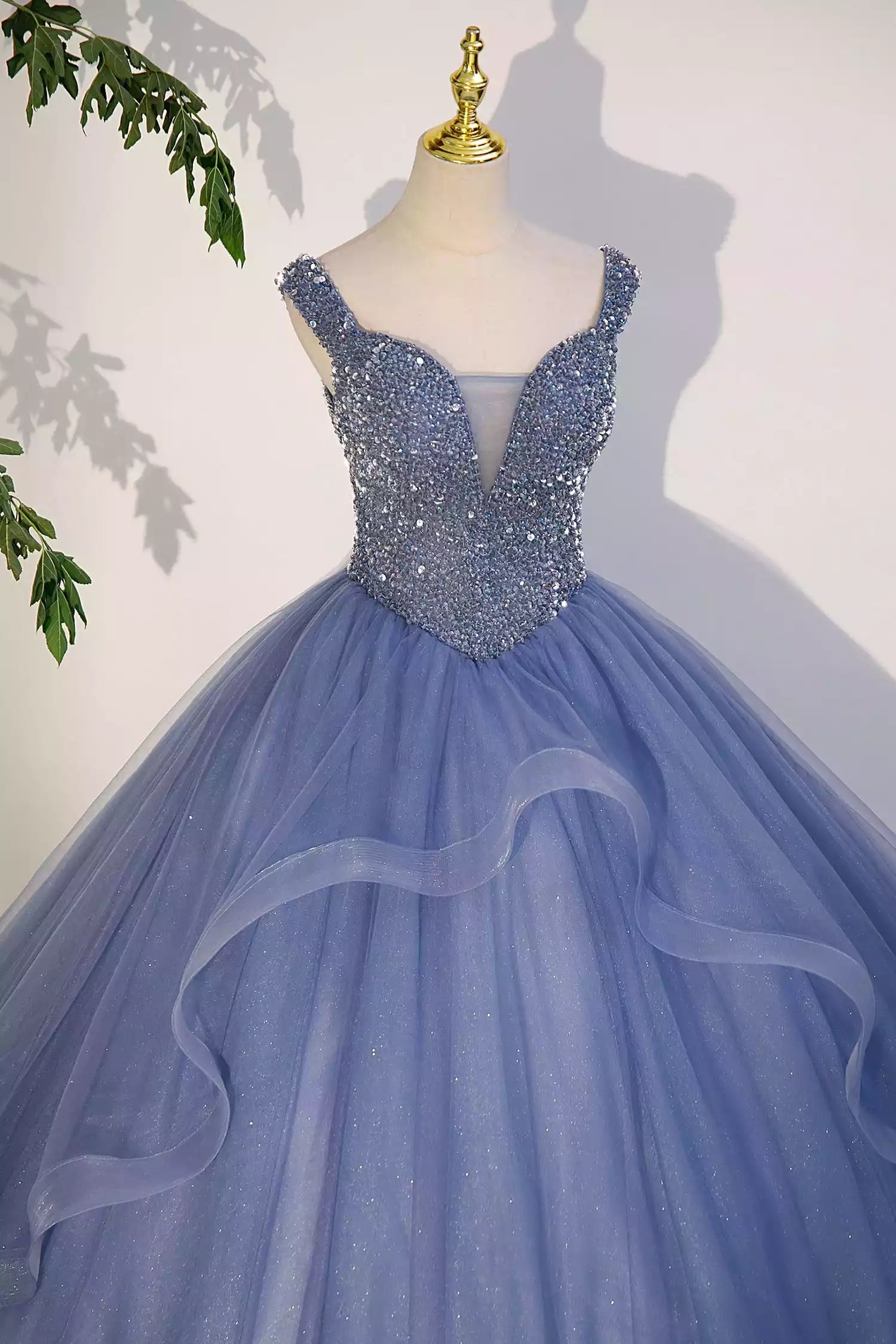 Blue Beaded Tulle Floor Length Long A-Line Prom Dress Blue Formal Evening Dress