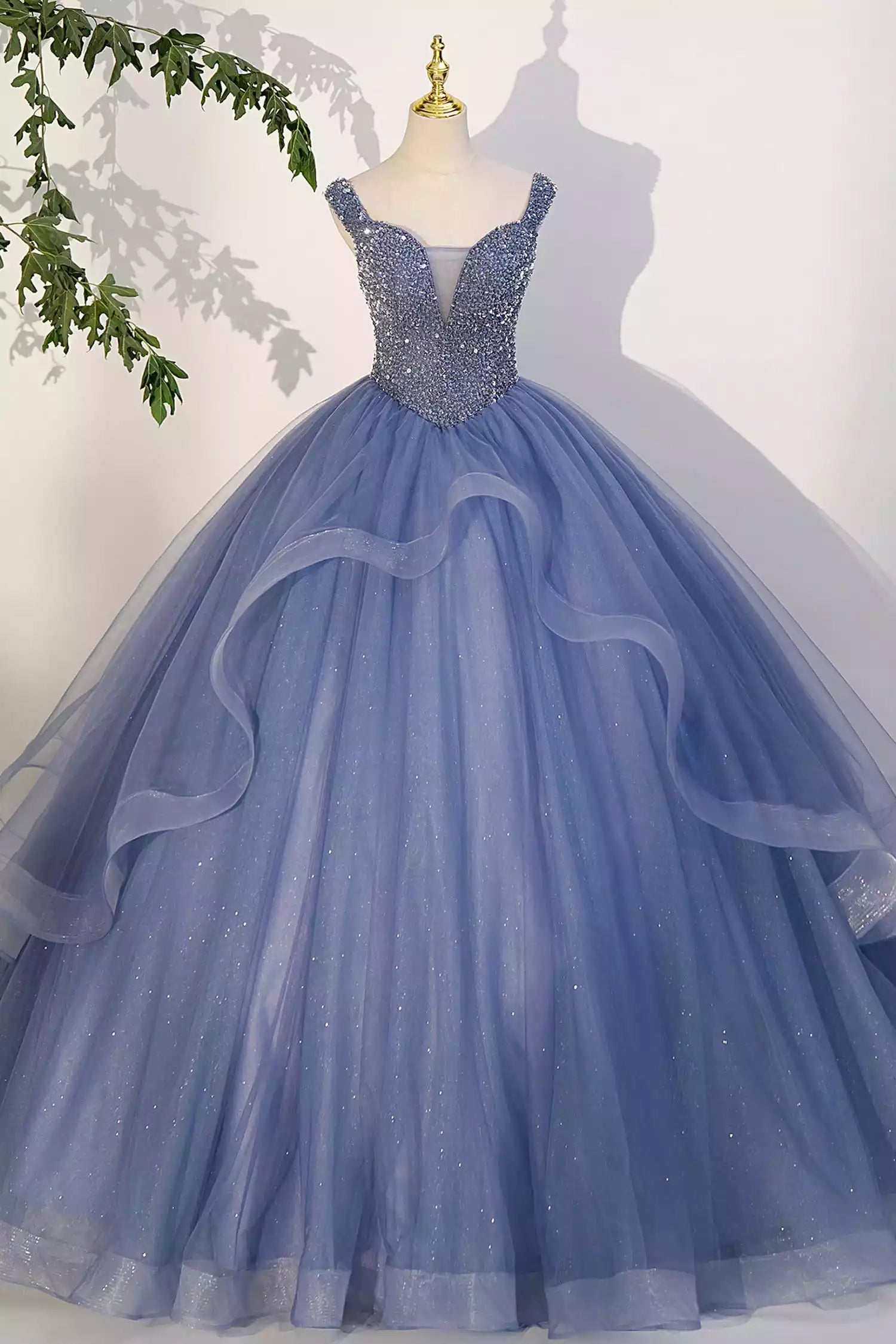 Blue Beaded Tulle Floor Length Long A-Line Prom Dress Blue Formal Evening Dress