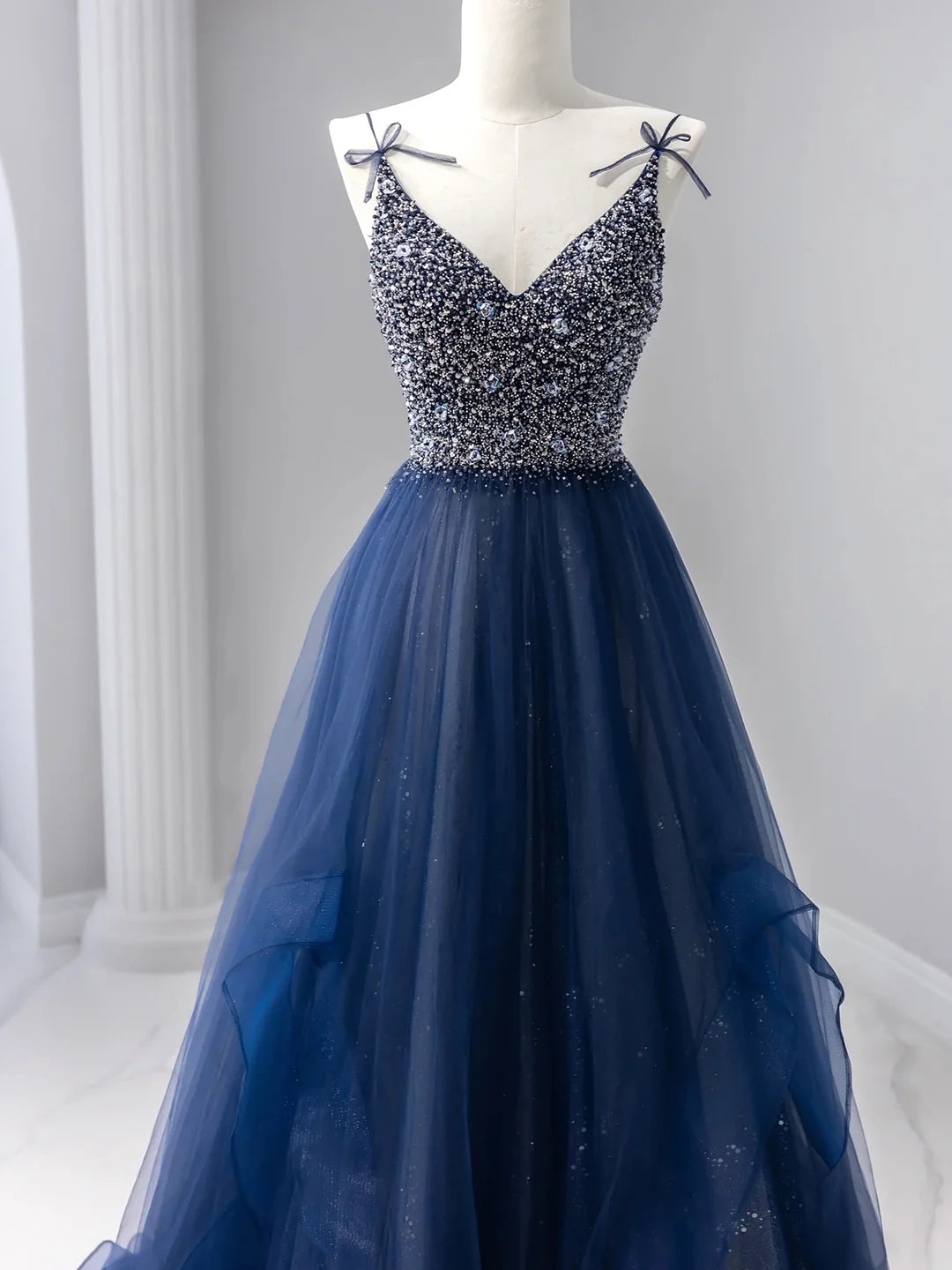 Blue Beaded Tulle Long Prom Dress  A-Line Spaghetti Strap Formal Evening Dress