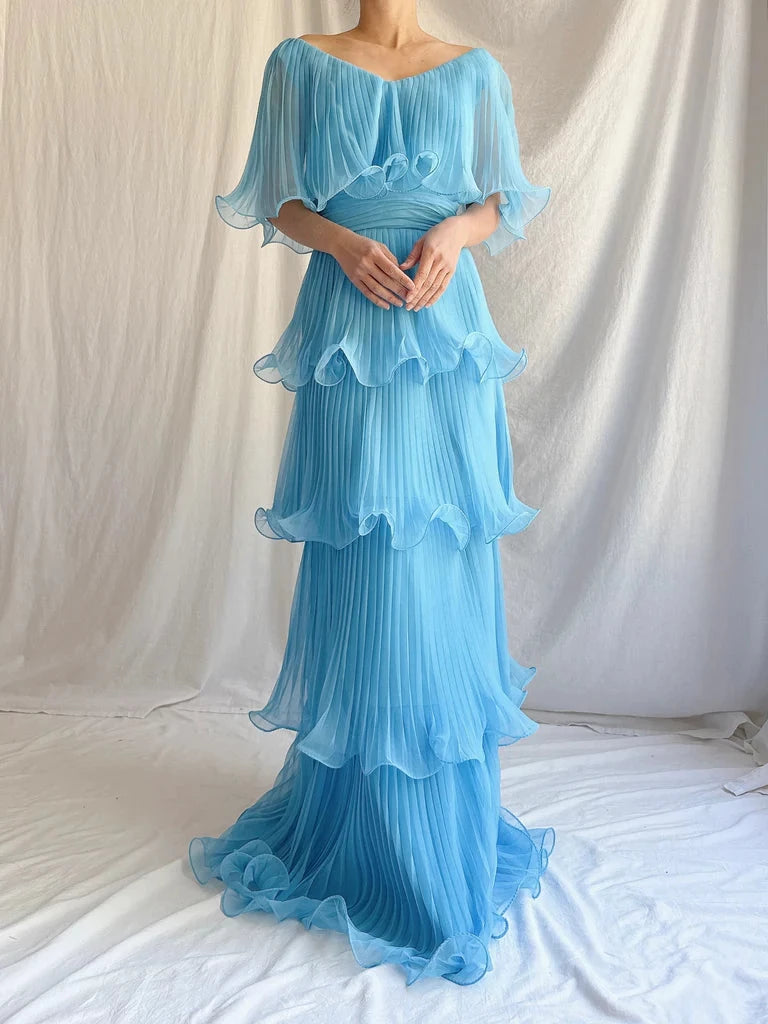 Blue Chiffon A Line V Neck Simple Short Sleeves Long Floor length Prom Dress Cocktail Dress Homecoming Dress Evening Dress