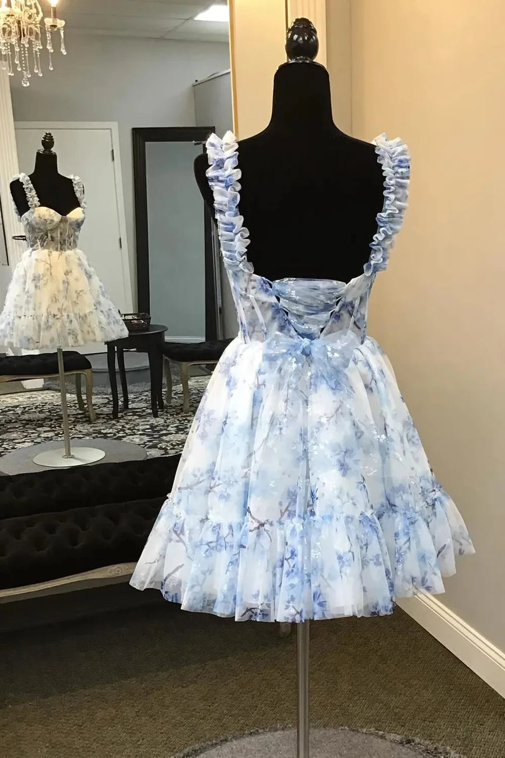 Blue Floral Printed Spaghetti Straps A-Line Sleeveless Short Corset Prom Dress Cocktail Dress Evening Dress Party Dress Homecoming Dress