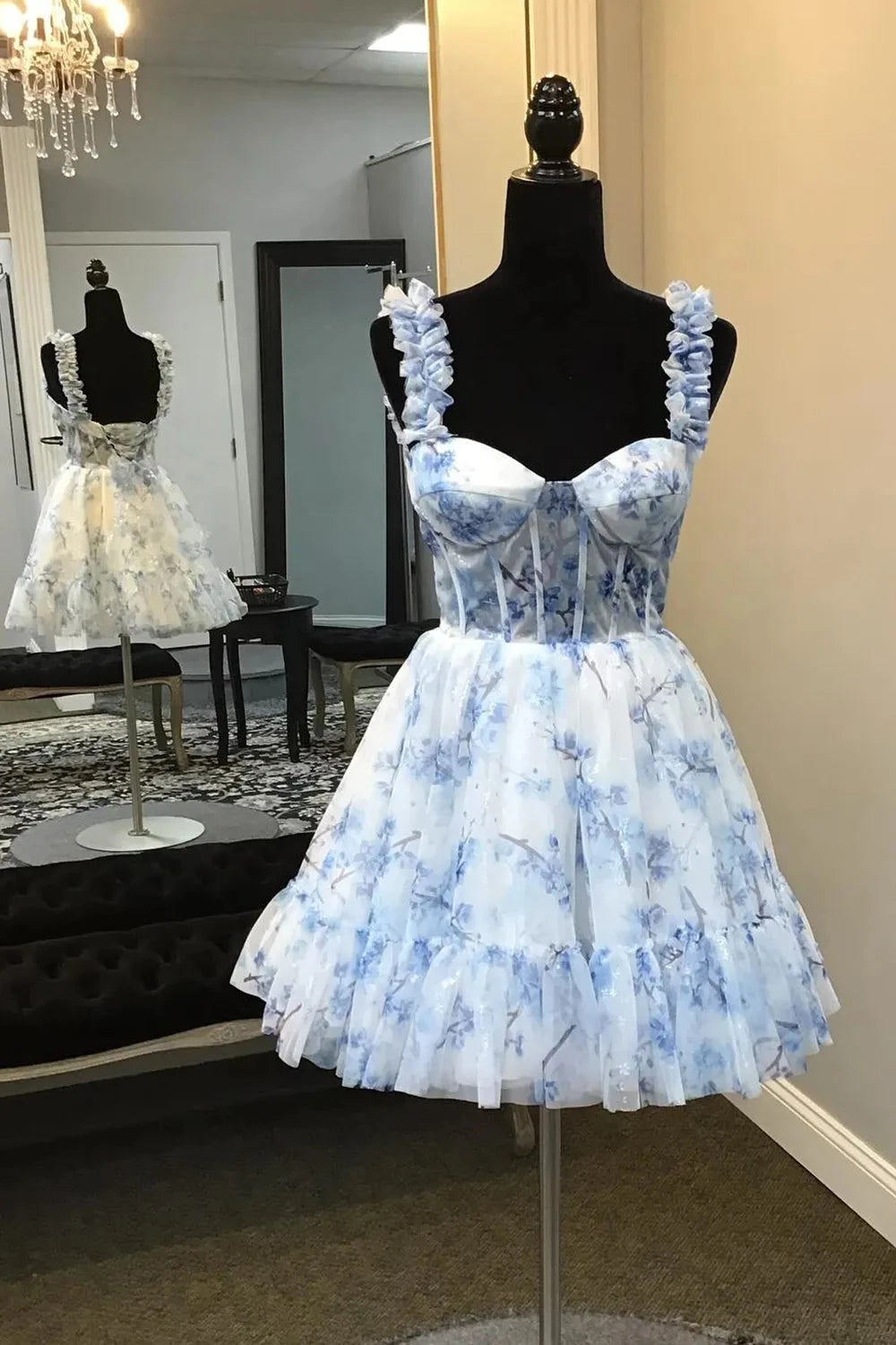 Blue Floral Printed Spaghetti Straps A-Line Sleeveless Short Corset Prom Dress Cocktail Dress Evening Dress Party Dress Homecoming Dress