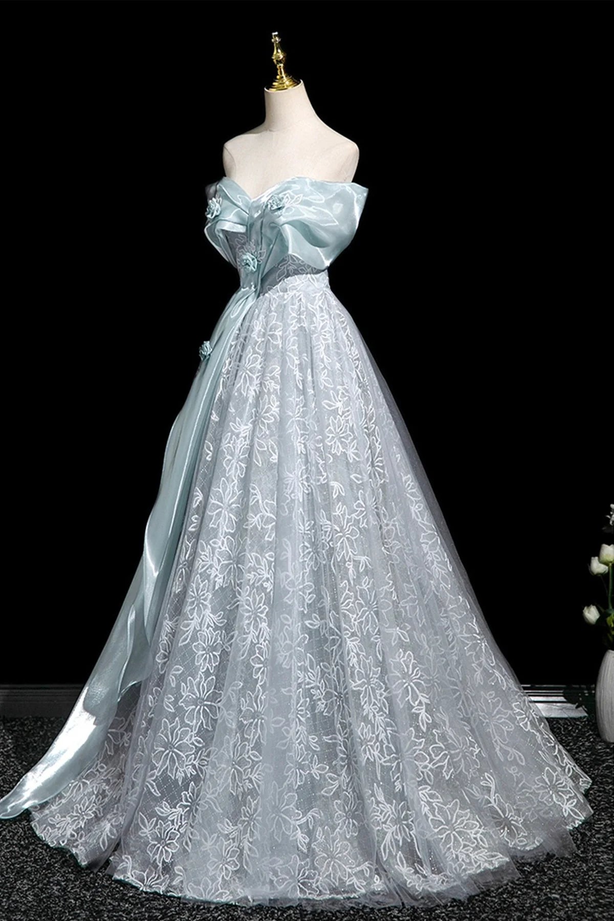 Blue Lace Long Prom Dress Blue Off the Shoulder Evening Tulle Party Dress