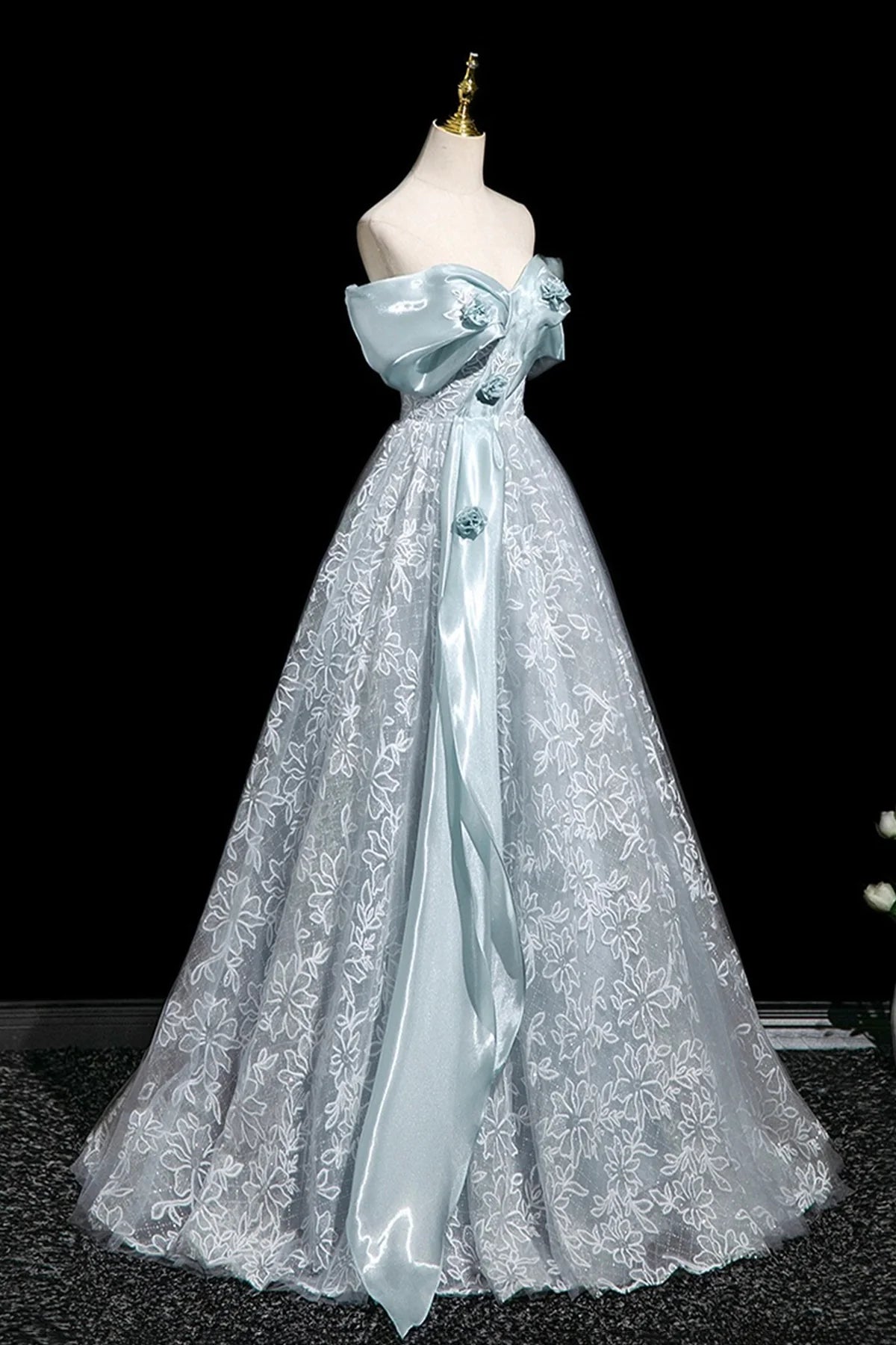 Blue Lace Long Prom Dress Blue Off the Shoulder Evening Tulle Party Dress