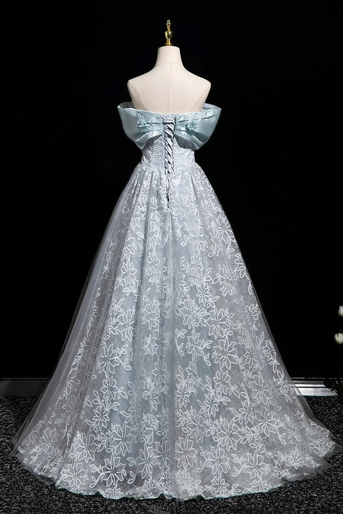 Blue Lace Long Prom Dress Blue Off the Shoulder Evening Tulle Party Dress