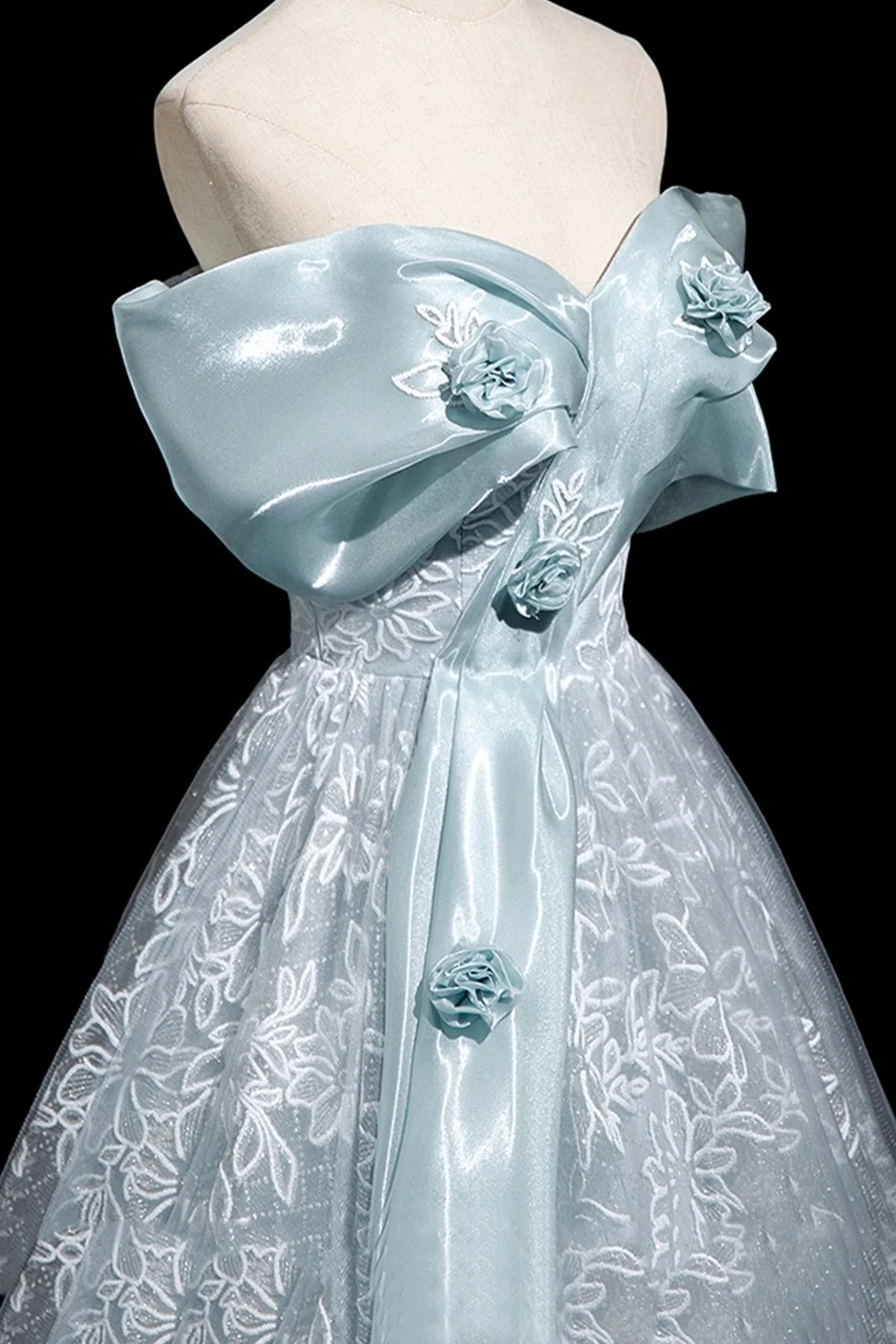 Blue Lace Long Prom Dress Blue Off the Shoulder Evening Tulle Party Dress