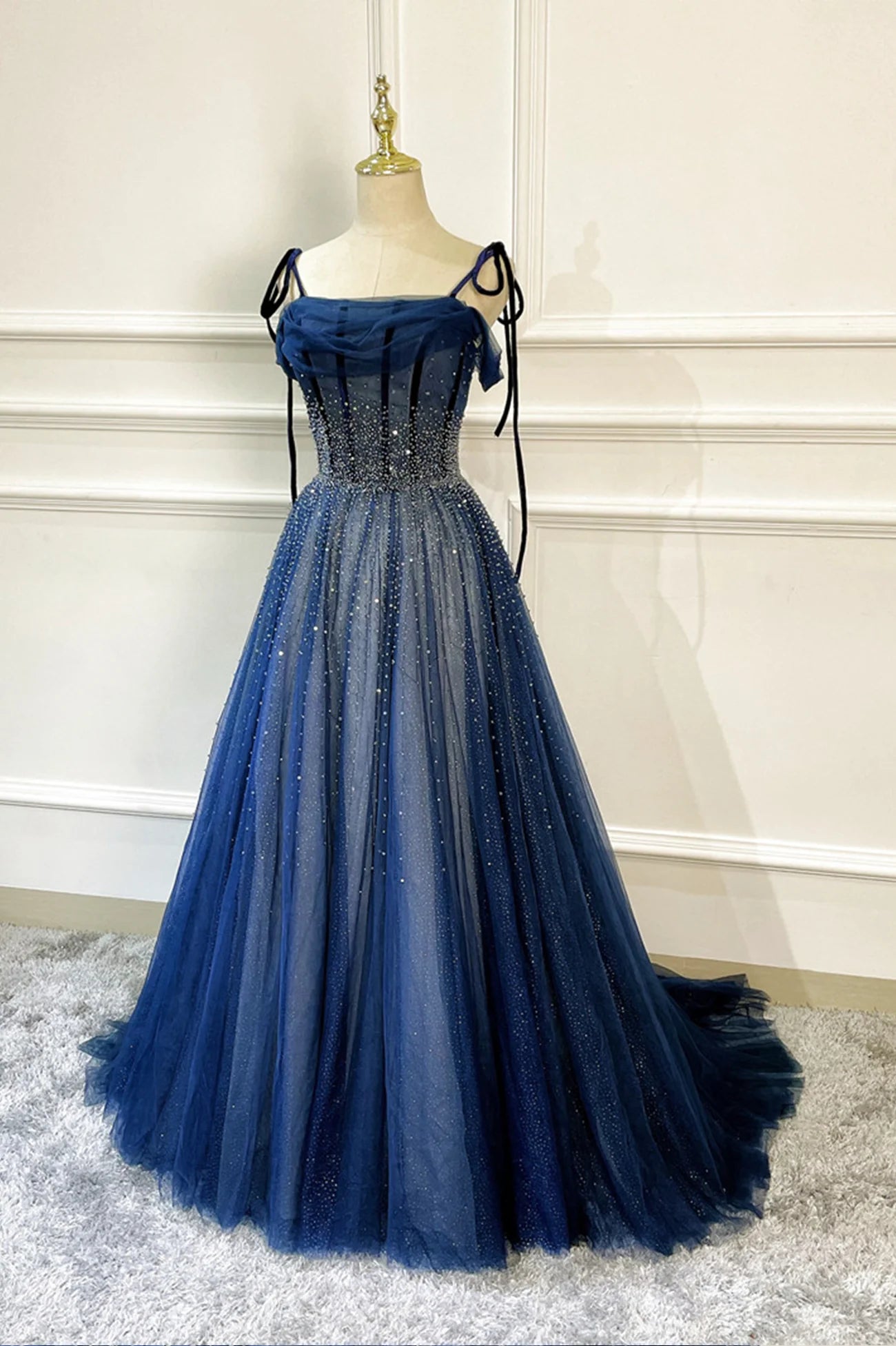 Blue Long Tulle Beaded Floor Length Prom Dress Blue Evening Party Dress