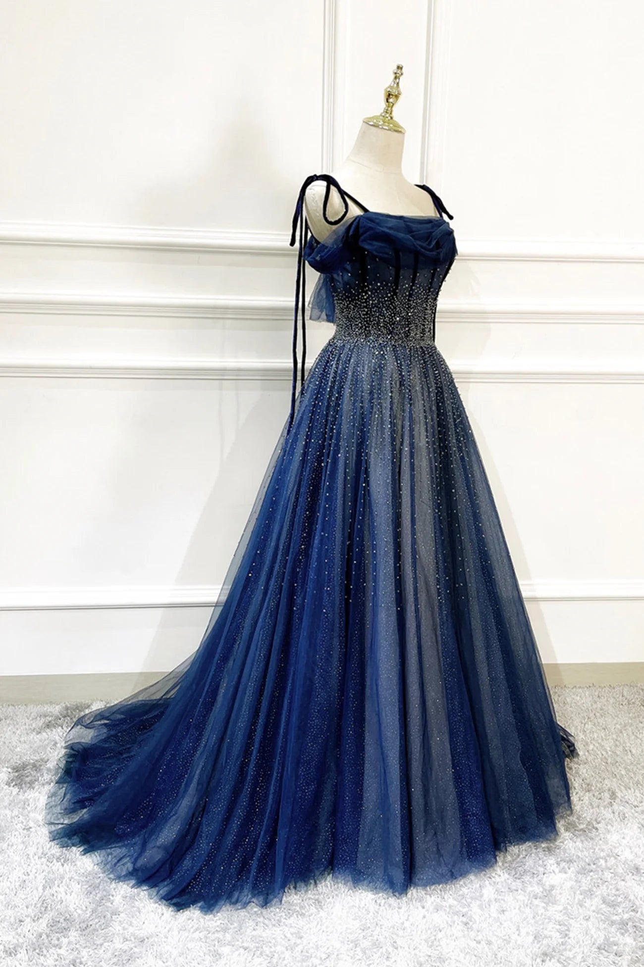 Blue Long Tulle Beaded Floor Length Prom Dress Blue Evening Party Dress