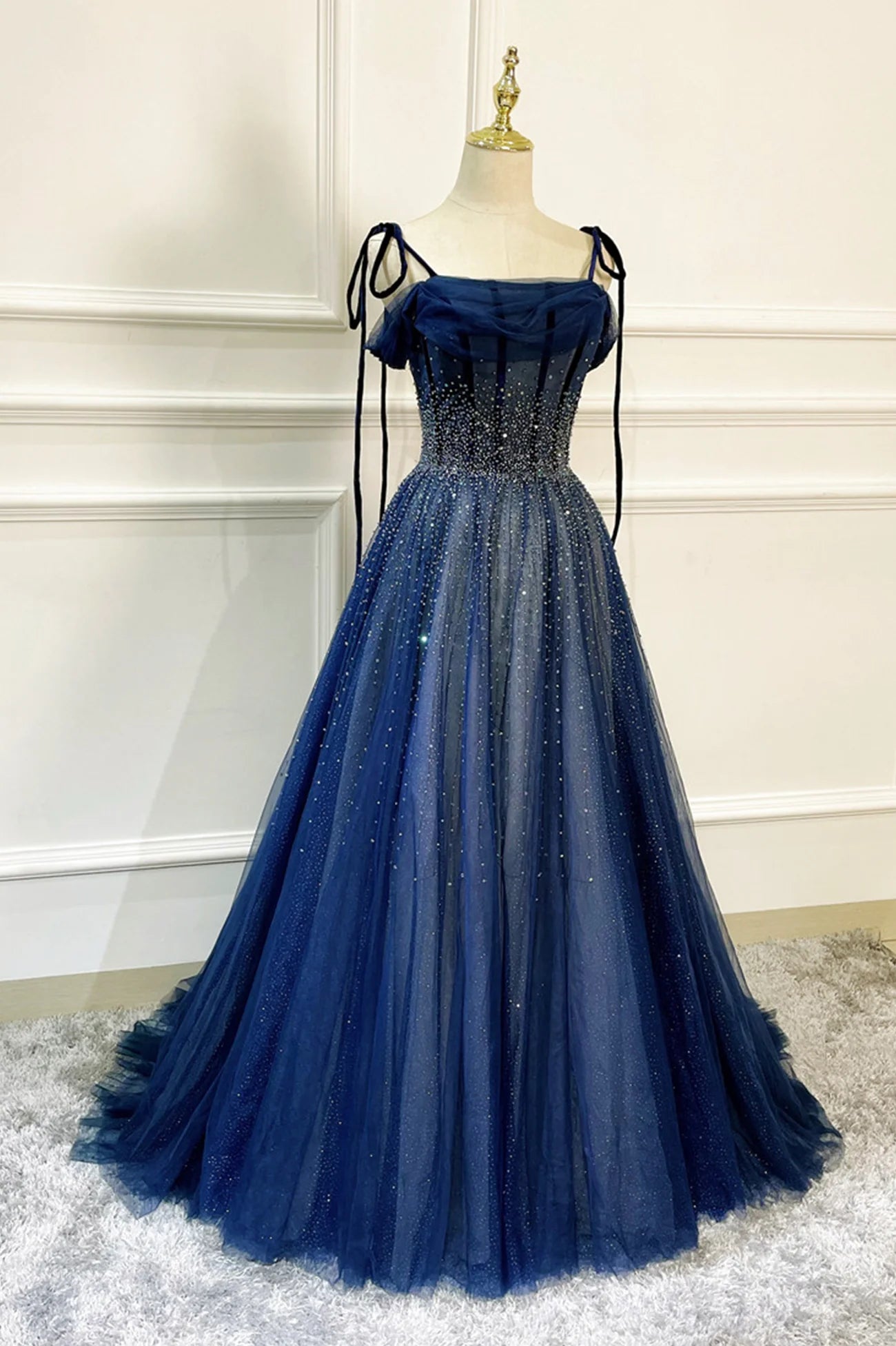 Blue Long Tulle Beaded Floor Length Prom Dress Blue Evening Party Dress