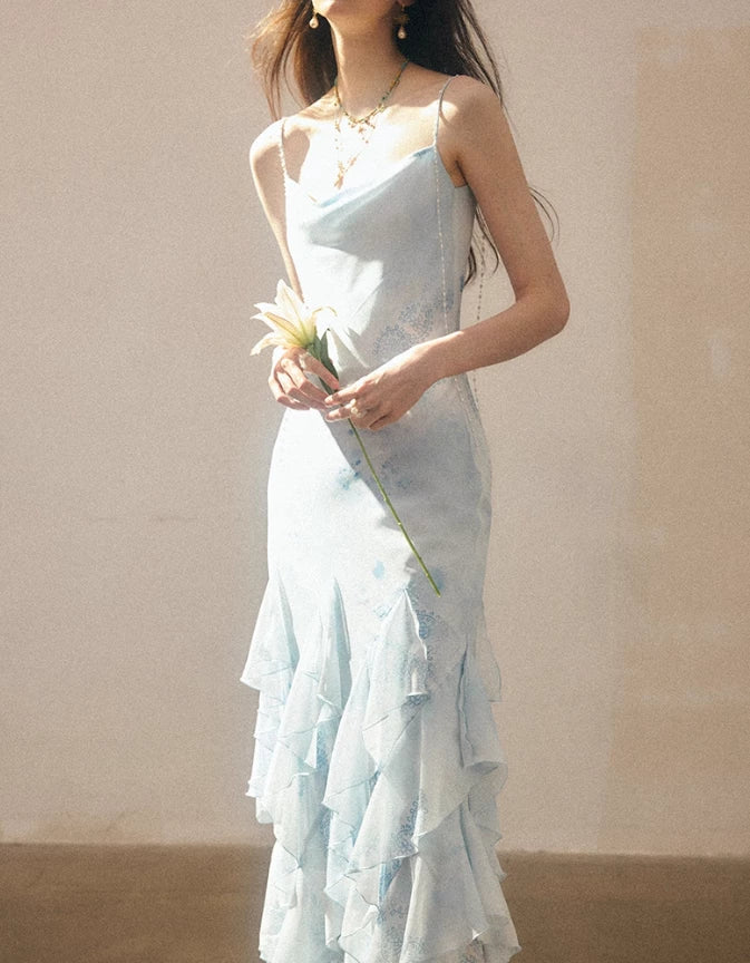 Blue Mermaid Spaghetti Strap Ruffle Chiffon Sleeveless Off-the-shoulder Long Prom Dress Cocktail Dress Homecoming Dress Evening Dress Party Dress