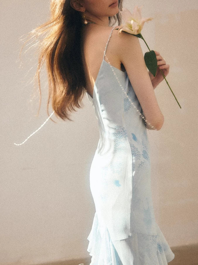 Blue Mermaid Spaghetti Strap Ruffle Chiffon Sleeveless Off-the-shoulder Long Prom Dress Cocktail Dress Homecoming Dress Evening Dress Party Dress