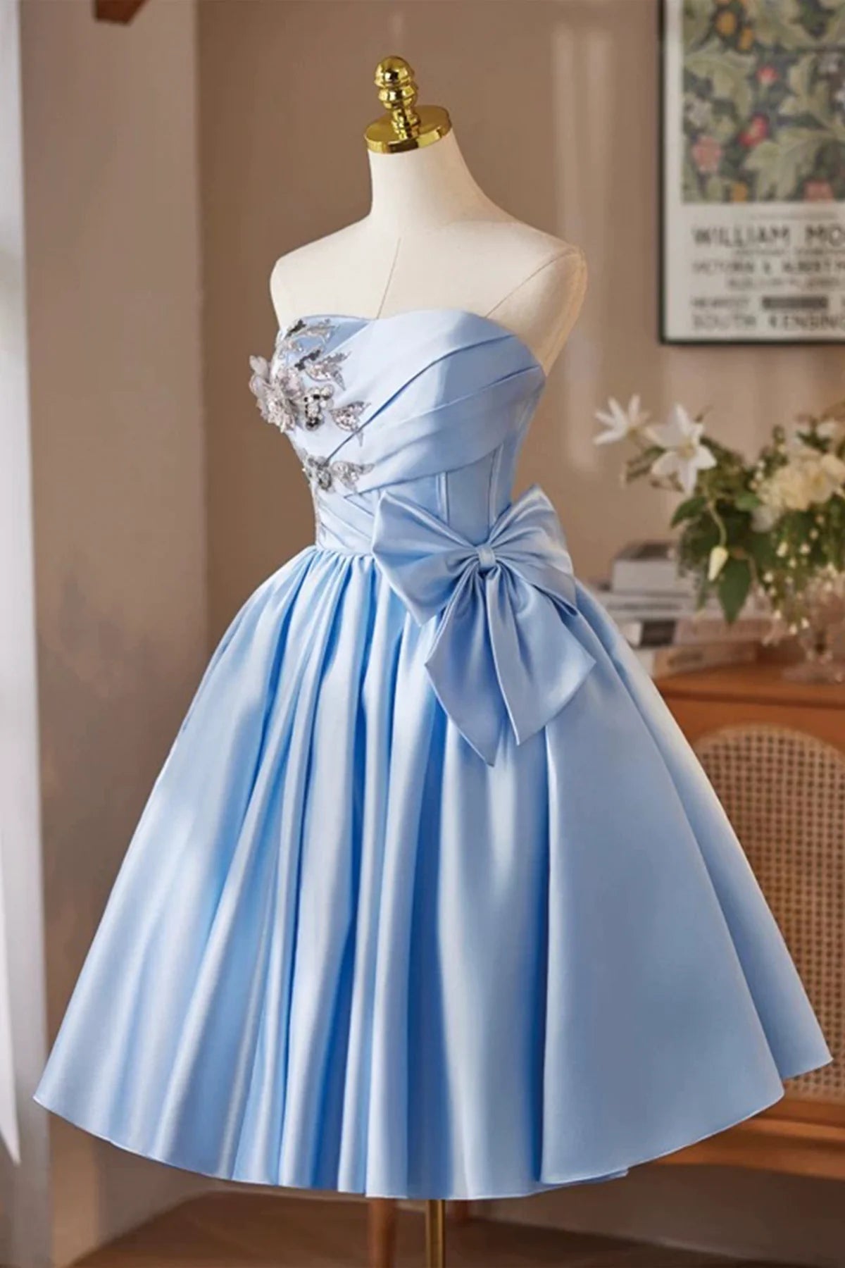 Blue Satin Short Knee length Prom Dress Lovely A-Line Strapless Evening Party Homecoming Dresses