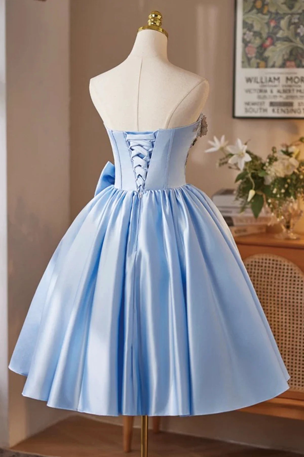 Blue Satin Short Knee length Prom Dress Lovely A-Line Strapless Evening Party Homecoming Dresses