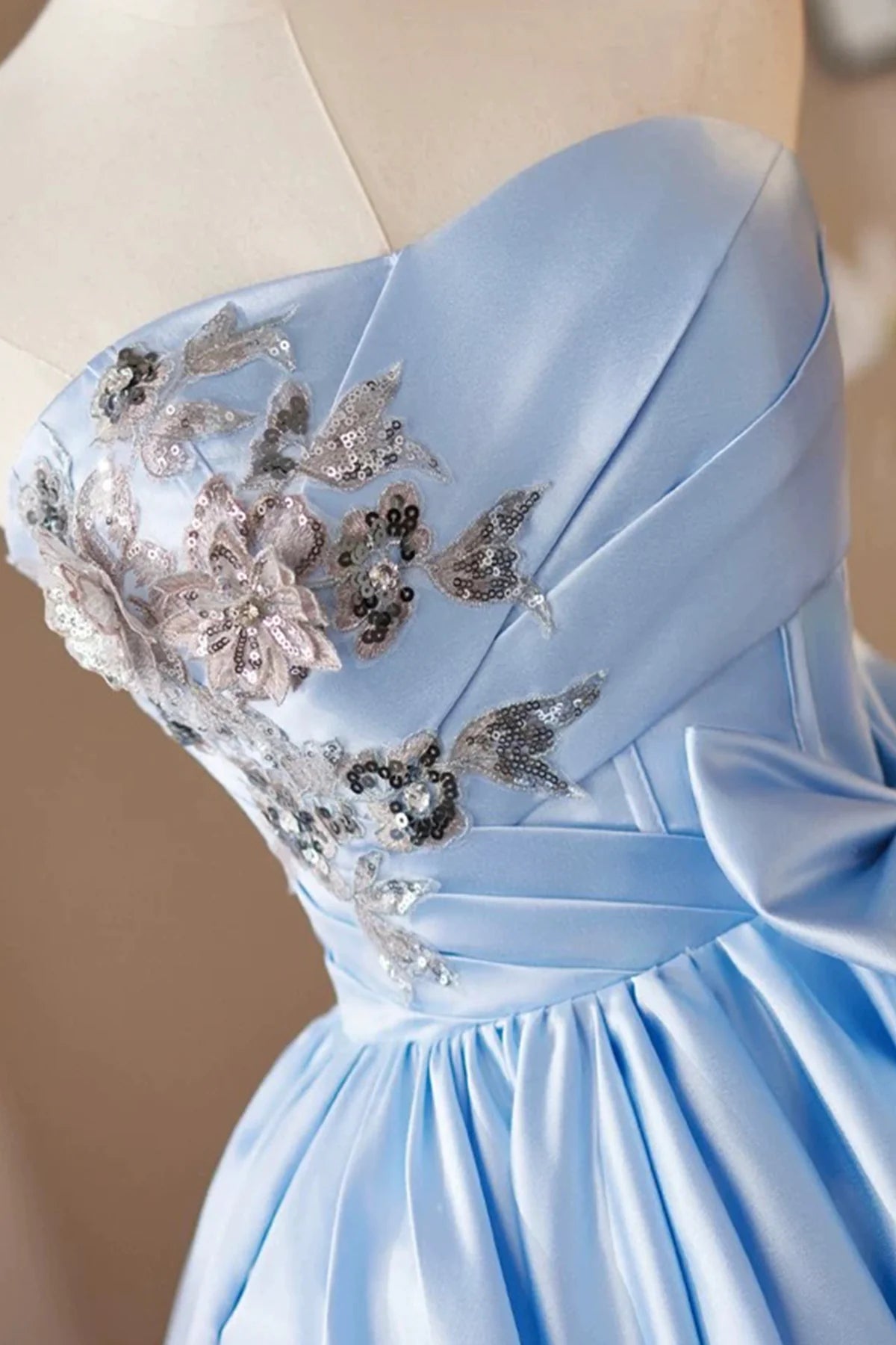 Blue Satin Short Knee length Prom Dress Lovely A-Line Strapless Evening Party Homecoming Dresses