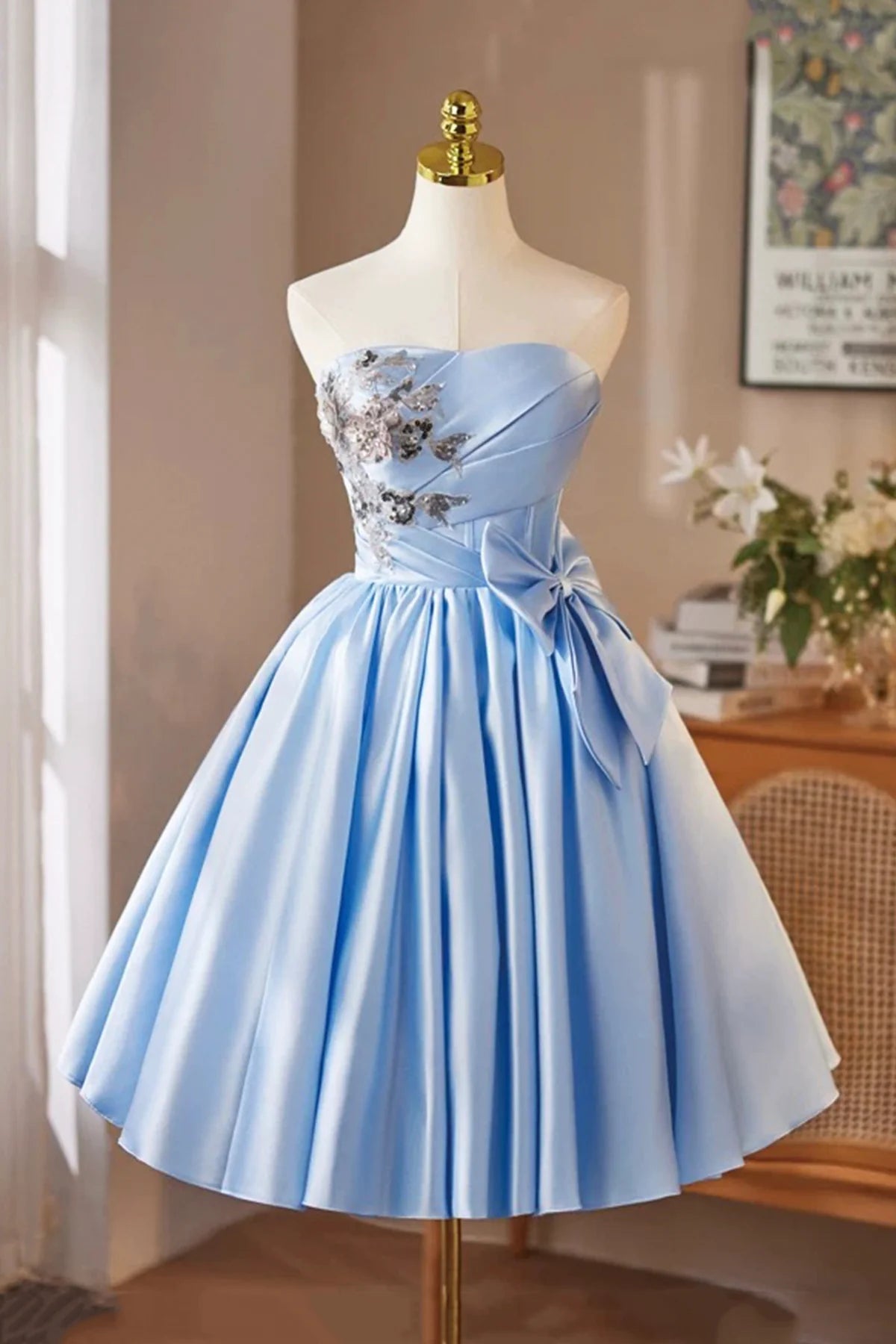 Blue Satin Short Knee length Prom Dress Lovely A-Line Strapless Evening Party Homecoming Dresses