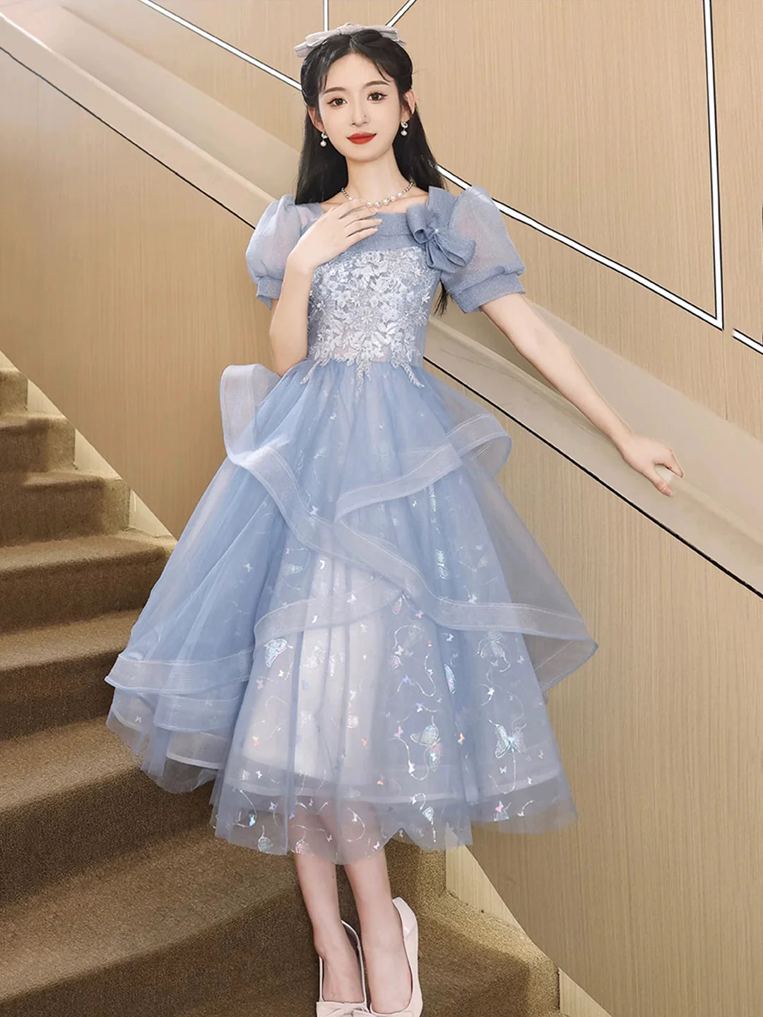 Blue Short Sleeve Blue Tulle Knee Length with Lace Party Dress Homecoming Dress Party Dress