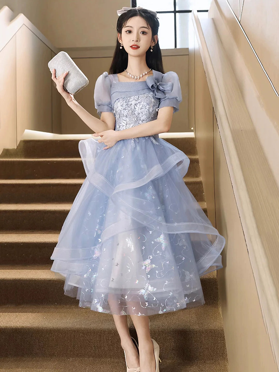 Blue Short Sleeve Blue Tulle Knee Length with Lace Party Dress Homecoming Dress Party Dress