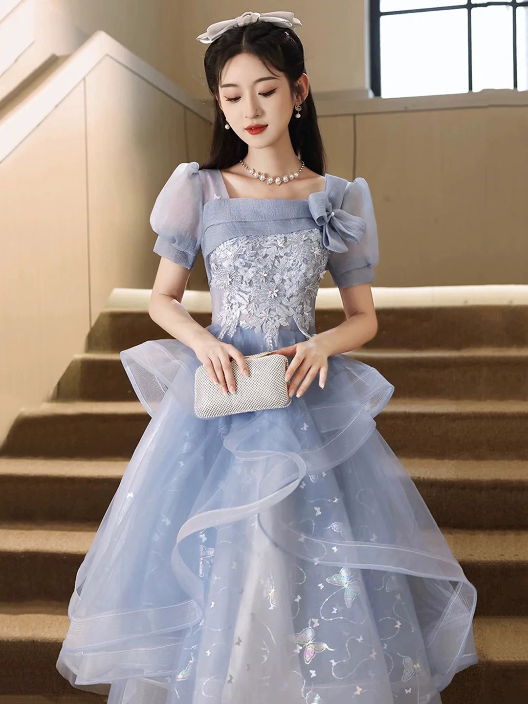 Blue Short Sleeve Blue Tulle Knee Length with Lace Party Dress Homecoming Dress Party Dress