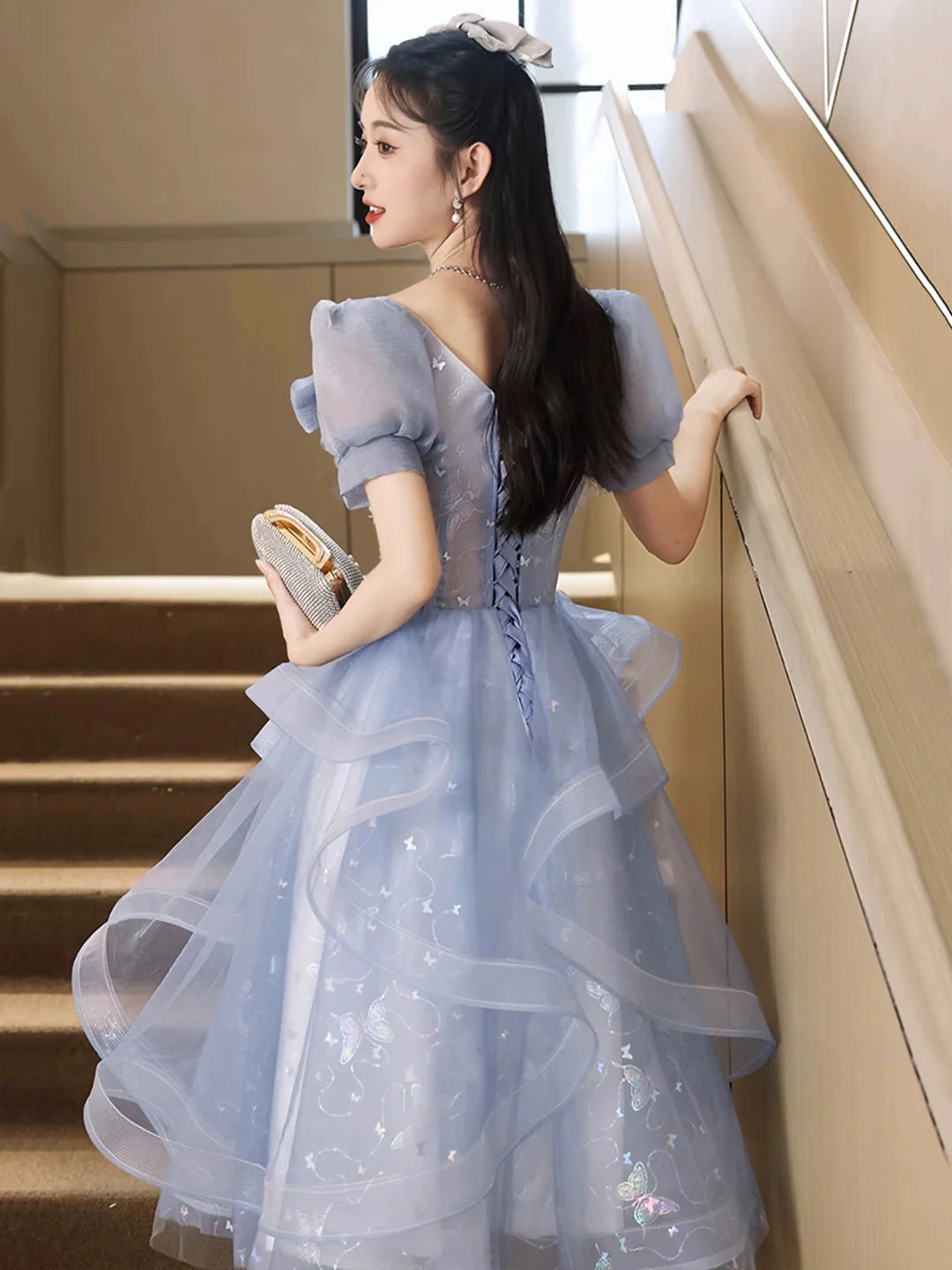Blue Short Sleeve Blue Tulle Knee Length with Lace Party Dress Homecoming Dress Party Dress