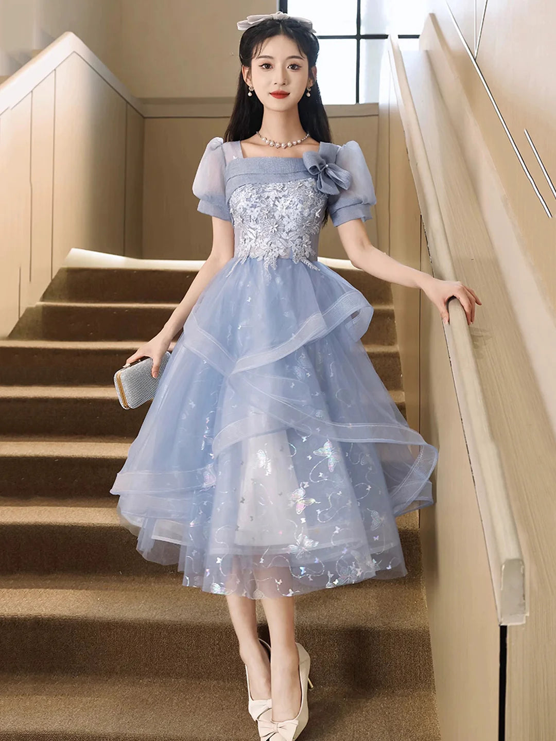 Blue Short Sleeve Blue Tulle Knee Length with Lace Party Dress Homecoming Dress Party Dress