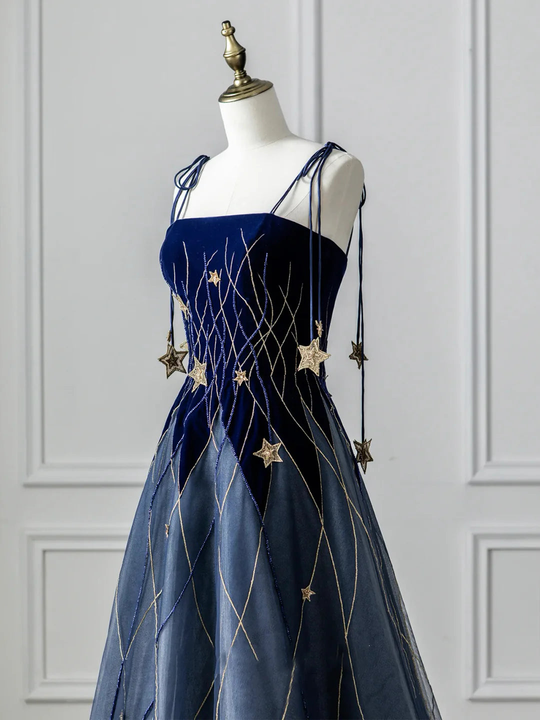 Blue Spaghetti Strap Velvet Floor Length Long Prom Dress with Star Blue Evening Dress Party Dress