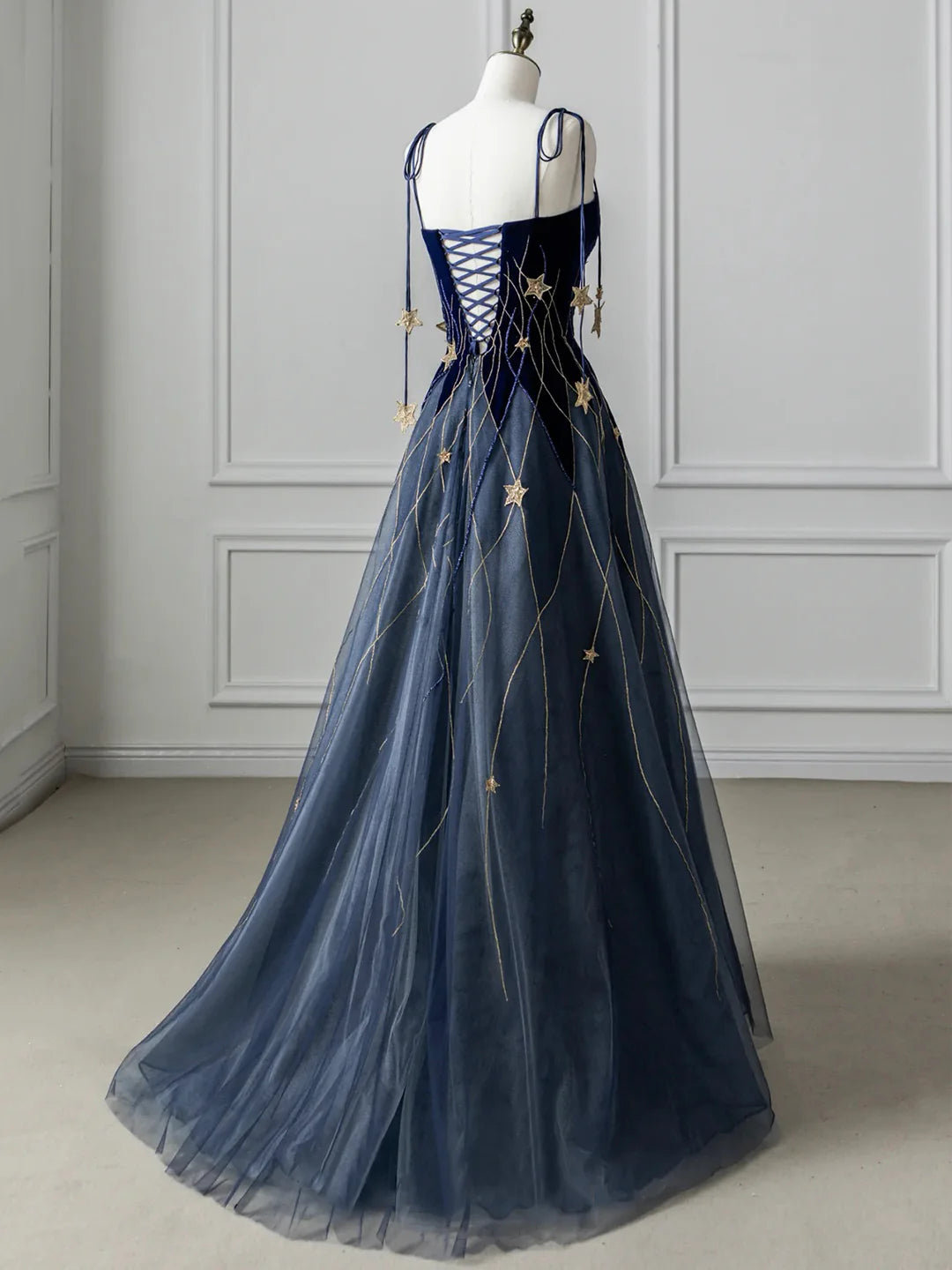 Blue Spaghetti Strap Velvet Floor Length Long Prom Dress with Star Blue Evening Dress Party Dress
