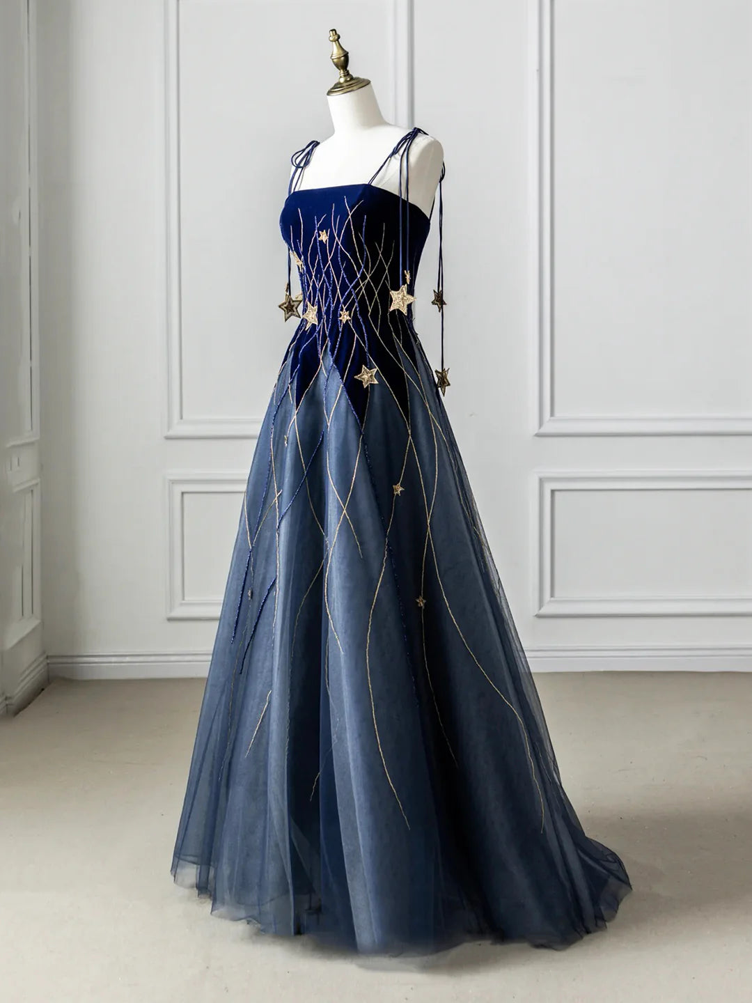 Blue Spaghetti Strap Velvet Floor Length Long Prom Dress with Star Blue Evening Dress Party Dress