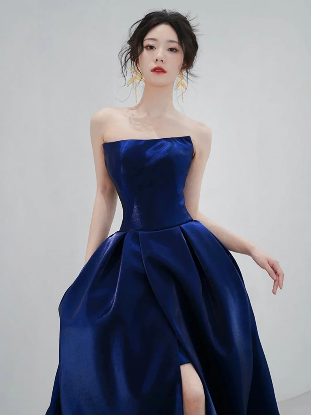 Blue Strapless Satin Floor length Long Prom Dress Beautiful A-Line Evening Party Dress with Slit