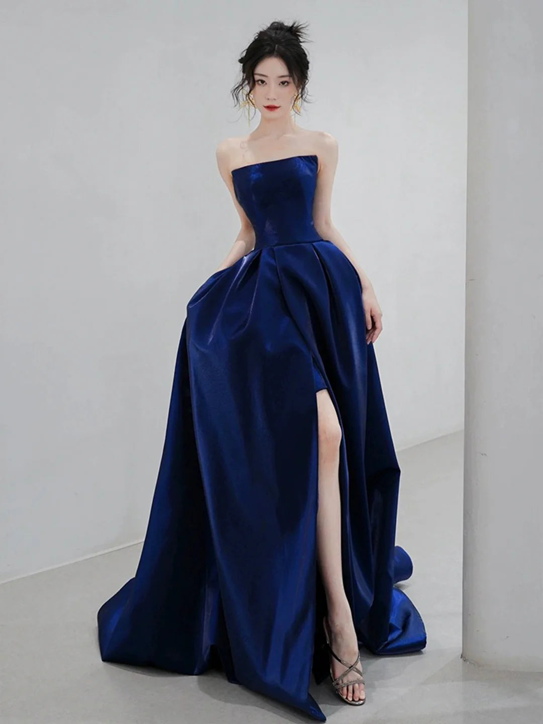 Blue Strapless Satin Floor length Long Prom Dress Beautiful A-Line Evening Party Dress with Slit