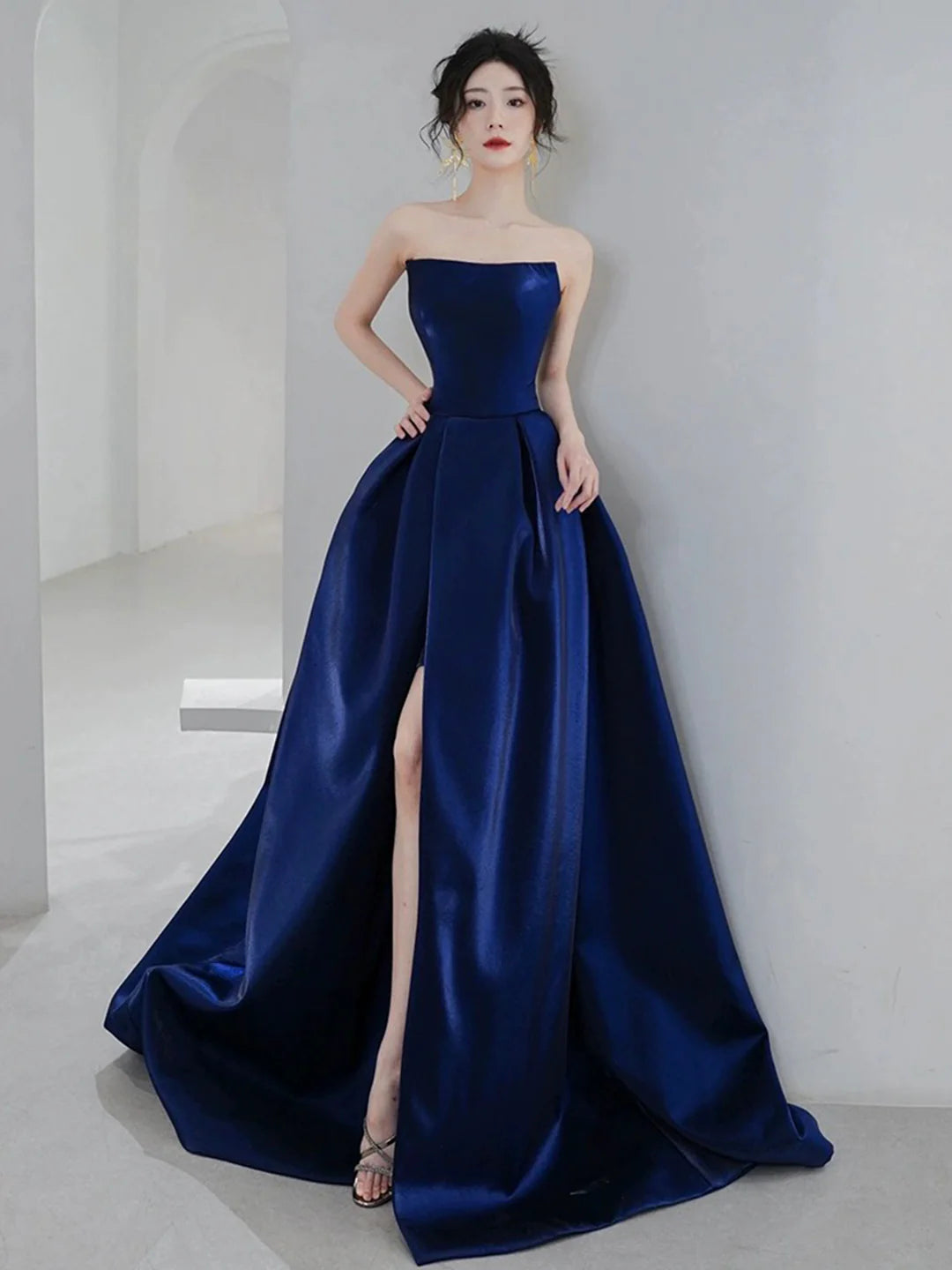 Blue Strapless Satin Floor length Long Prom Dress Beautiful A-Line Evening Party Dress with Slit