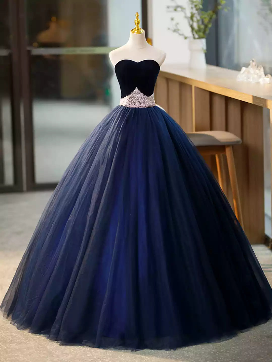 Blue Sweetheart Neck Blue Tulle Long Formal Dress with Velvet Prom Dress
