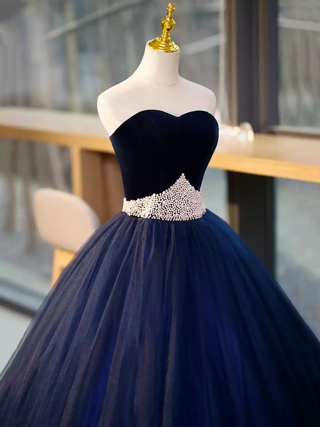 Blue Sweetheart Neck Blue Tulle Long Formal Dress with Velvet Prom Dress