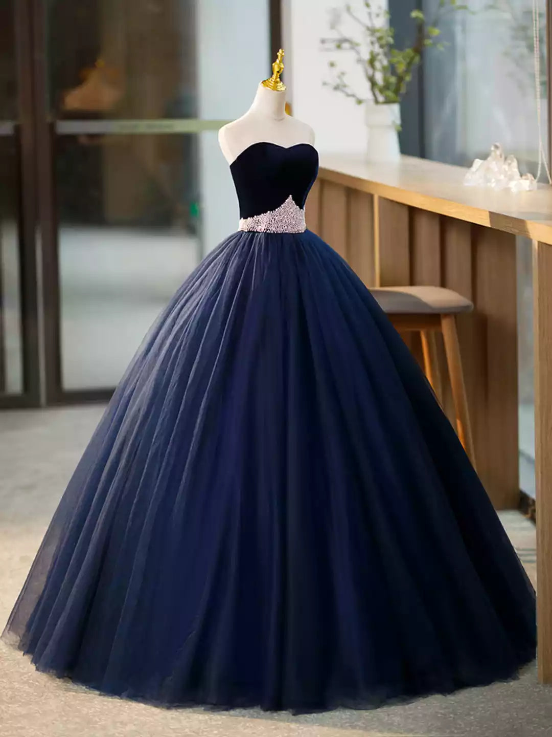 Blue Sweetheart Neck Blue Tulle Long Formal Dress with Velvet Prom Dress