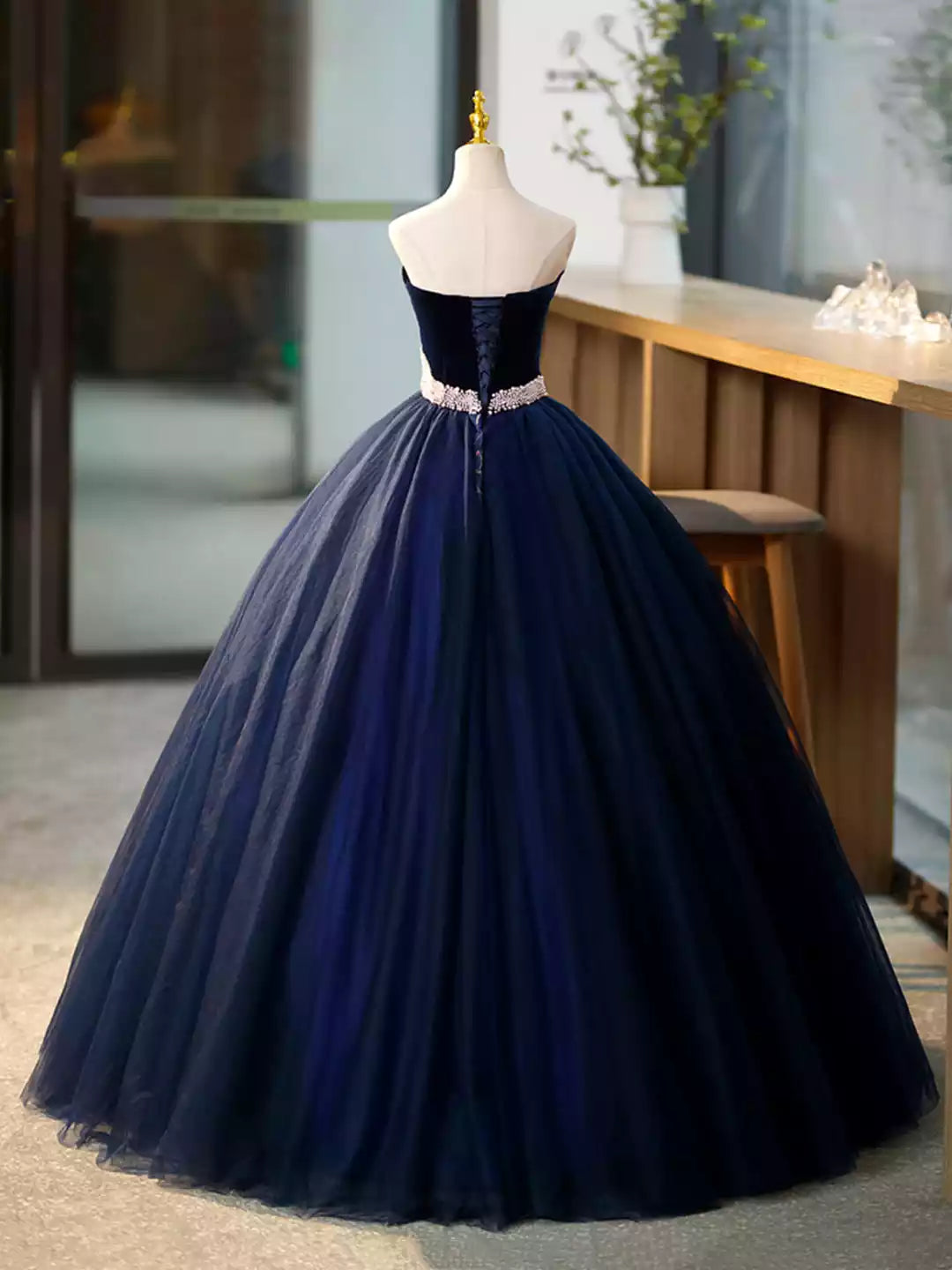 Blue Sweetheart Neck Blue Tulle Long Formal Dress with Velvet Prom Dress