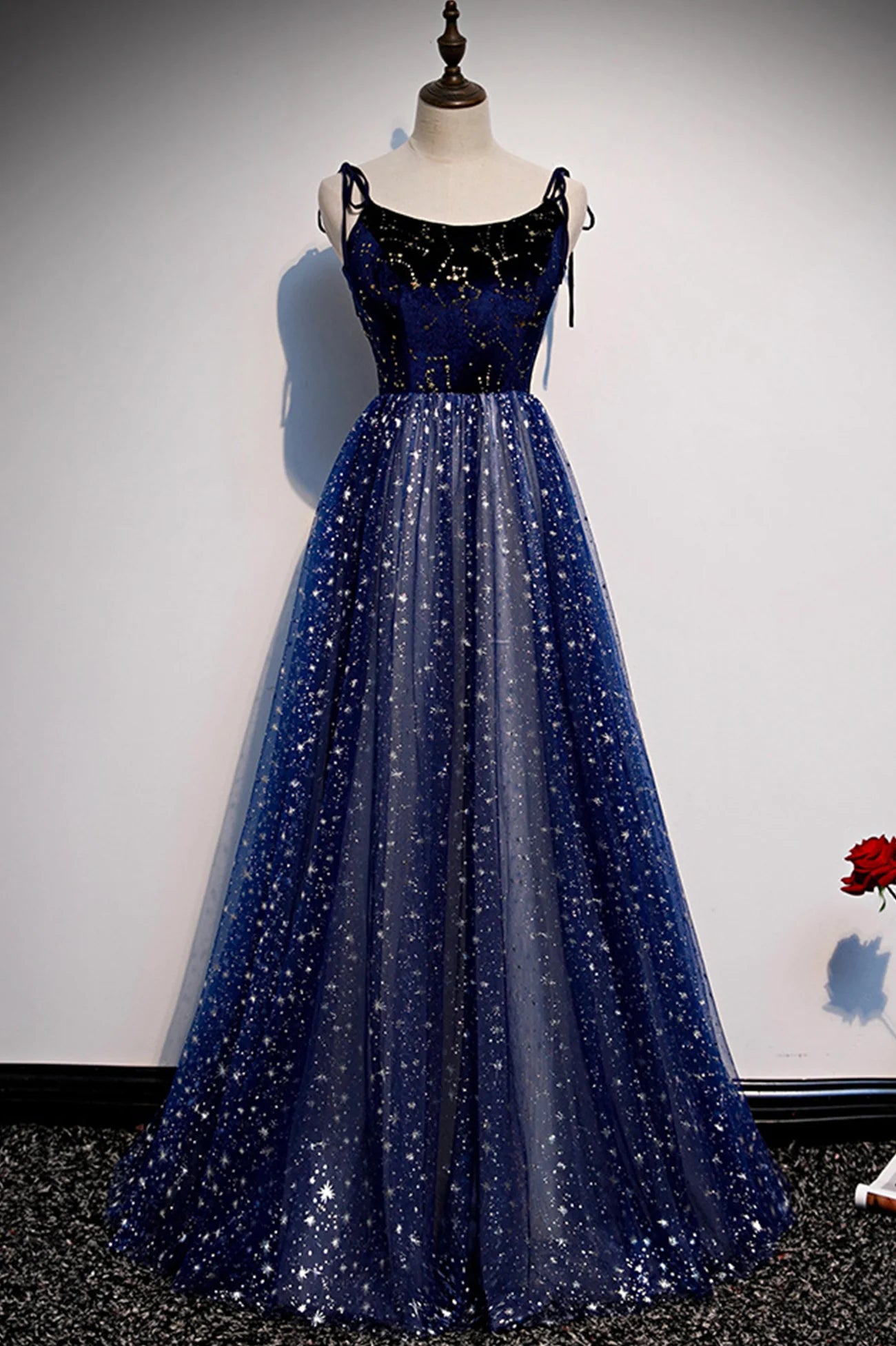 Blue Tulle Floor Length Long A-Line Prom Dresses Blue Evening Party Dresses