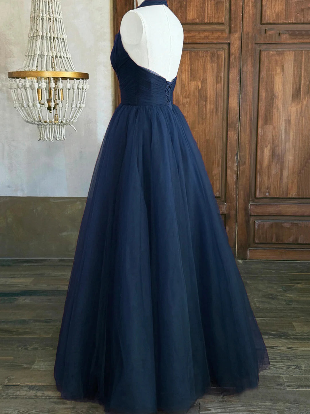 Blue V-Neck Lace-up Tulle Long Prom Dress Elegant Backless Evening Party Dress