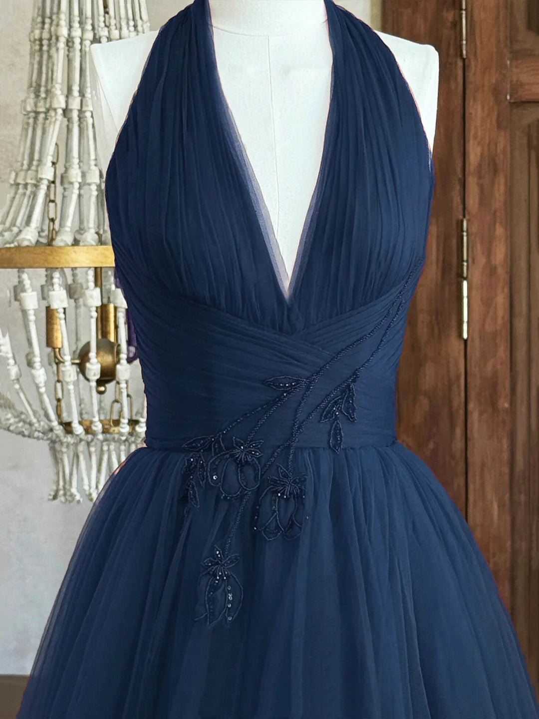 Blue V-Neck Lace-up Tulle Long Prom Dress Elegant Backless Evening Party Dress