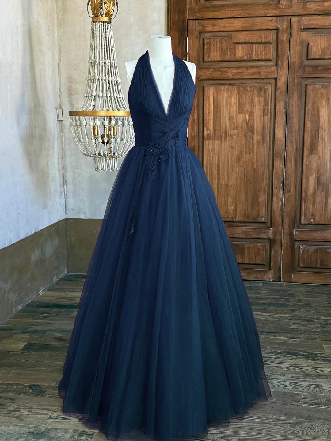 Blue V-Neck Lace-up Tulle Long Prom Dress Elegant Backless Evening Party Dress