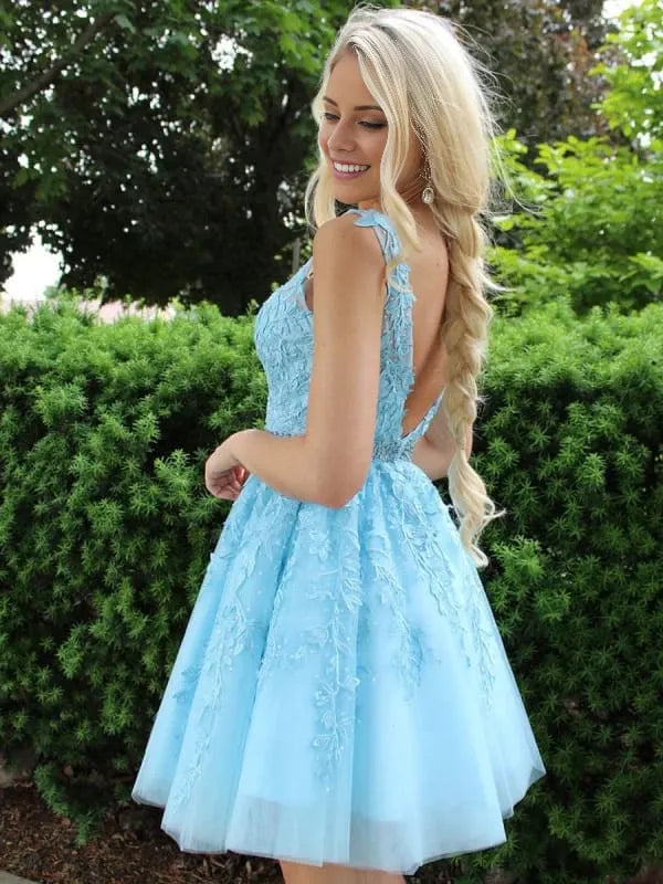 Blue V Neck Lace Appliques Homecoming Short Prom Lace Blue Graduation Formal Evening Party Dresses Homecoming Dresses