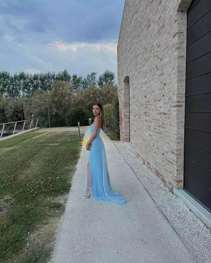 Blue sleeveless Evening Gown Elegant Dress Long Prom Dresses