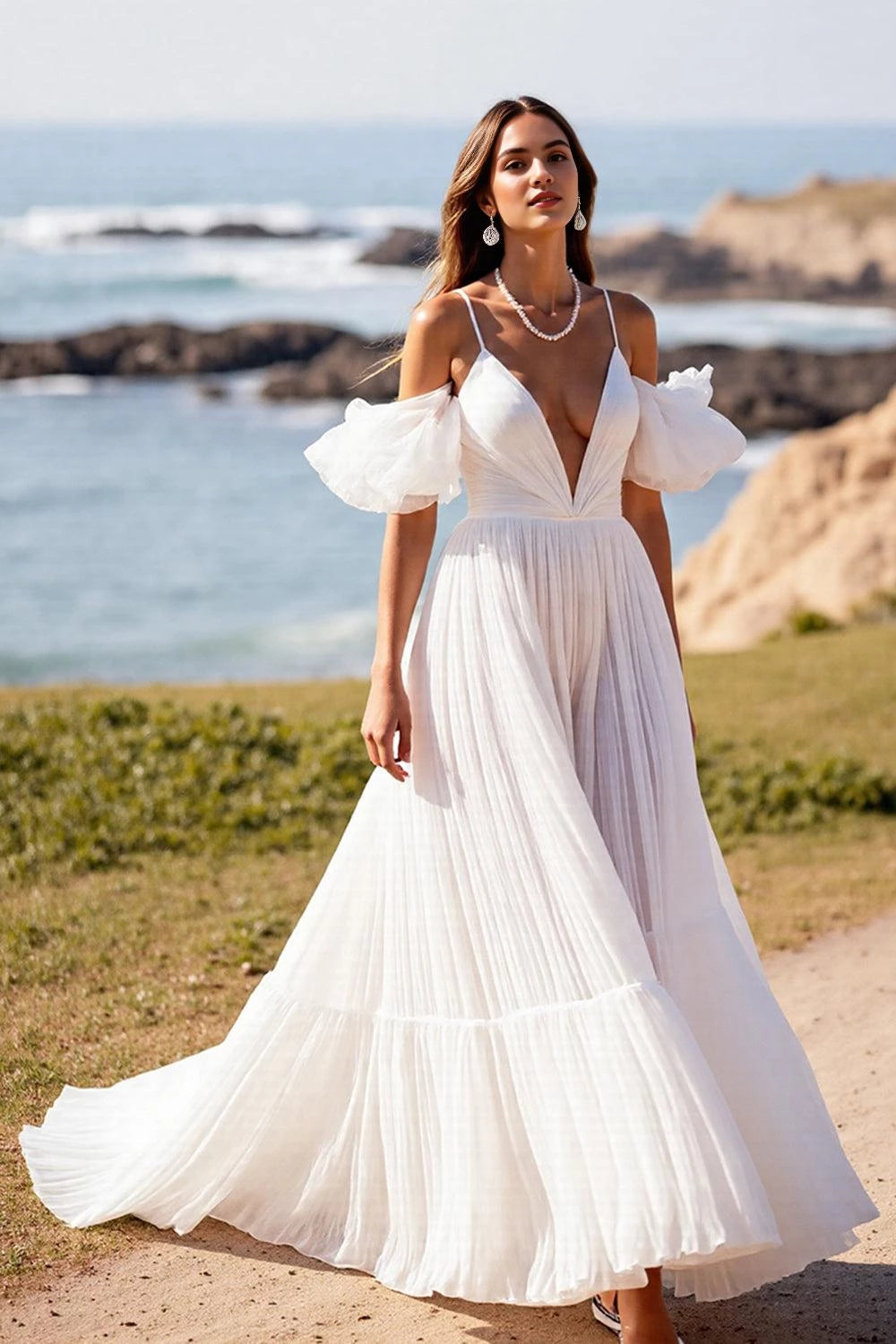 Bohemian A Line Deep V Neck Cold Shoulder Ruffled Sleeve Keyhole Back Floor Length Wedding Dress