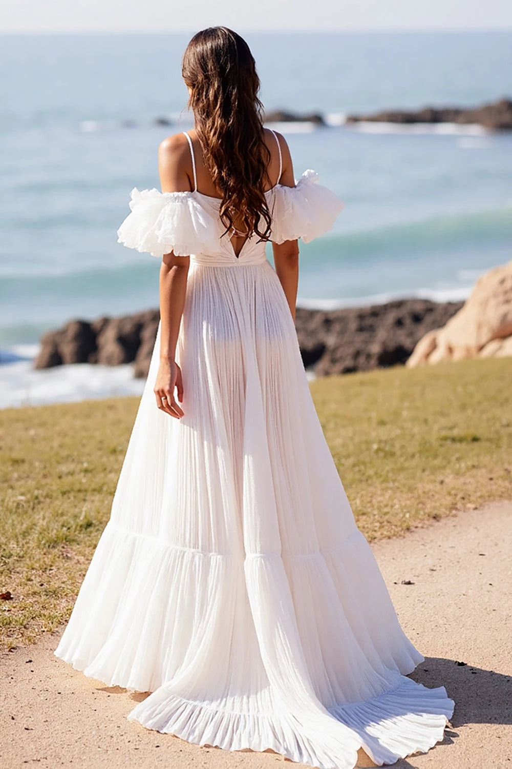 Bohemian A Line Deep V Neck Cold Shoulder Ruffled Sleeve Keyhole Back Floor Length Wedding Dress