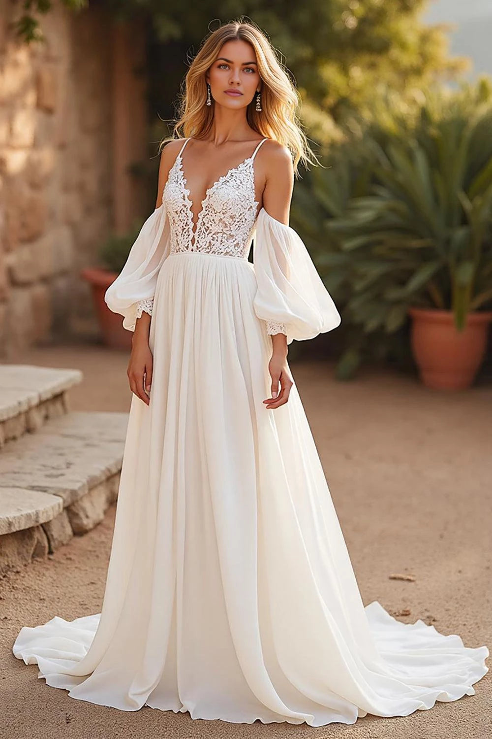 Bohemian A Line Deep V Neck Off Shoulder Puff Sleeve Open Back Floor Length Wedding Dress