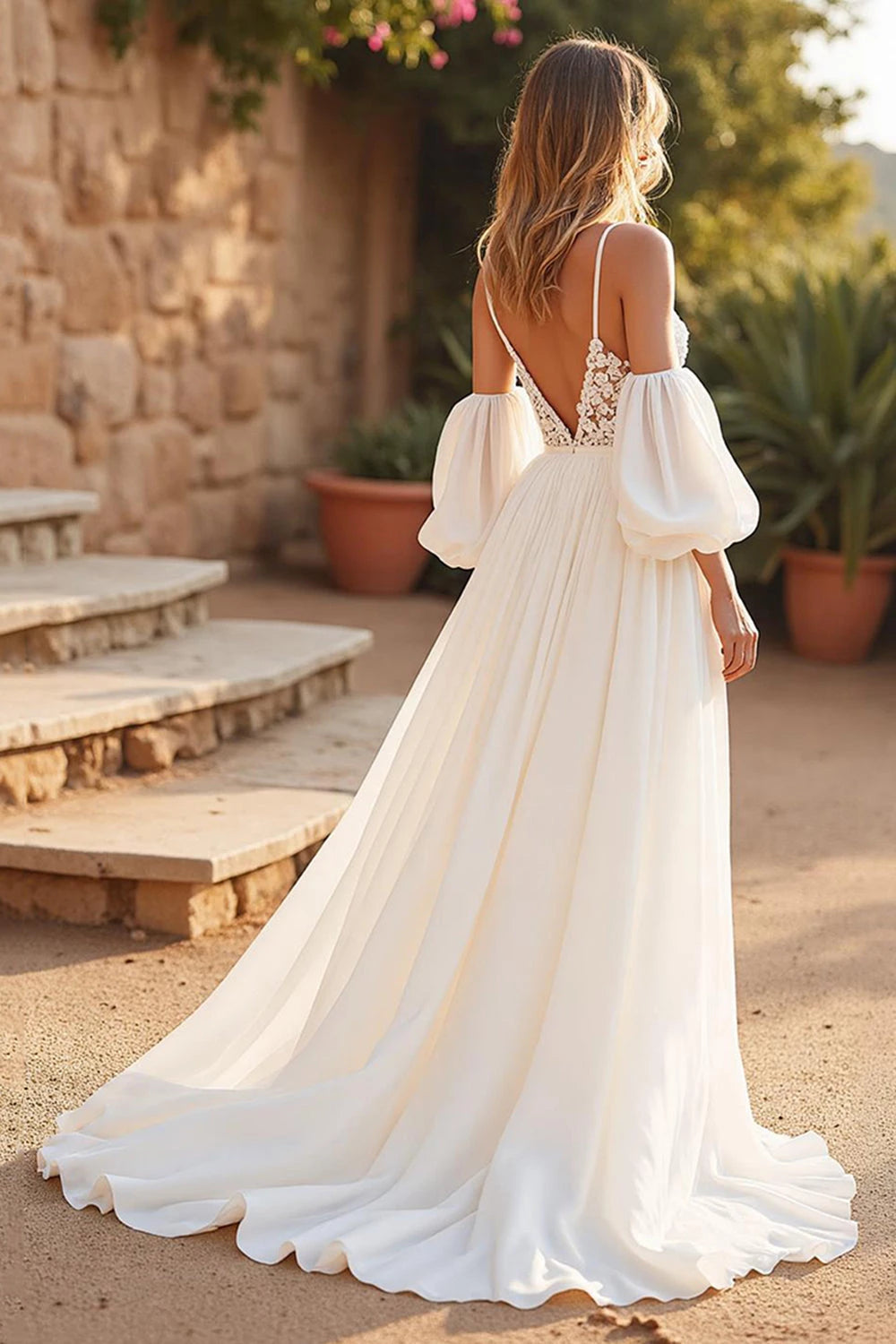 Bohemian A Line Deep V Neck Off Shoulder Puff Sleeve Open Back Floor Length Wedding Dress