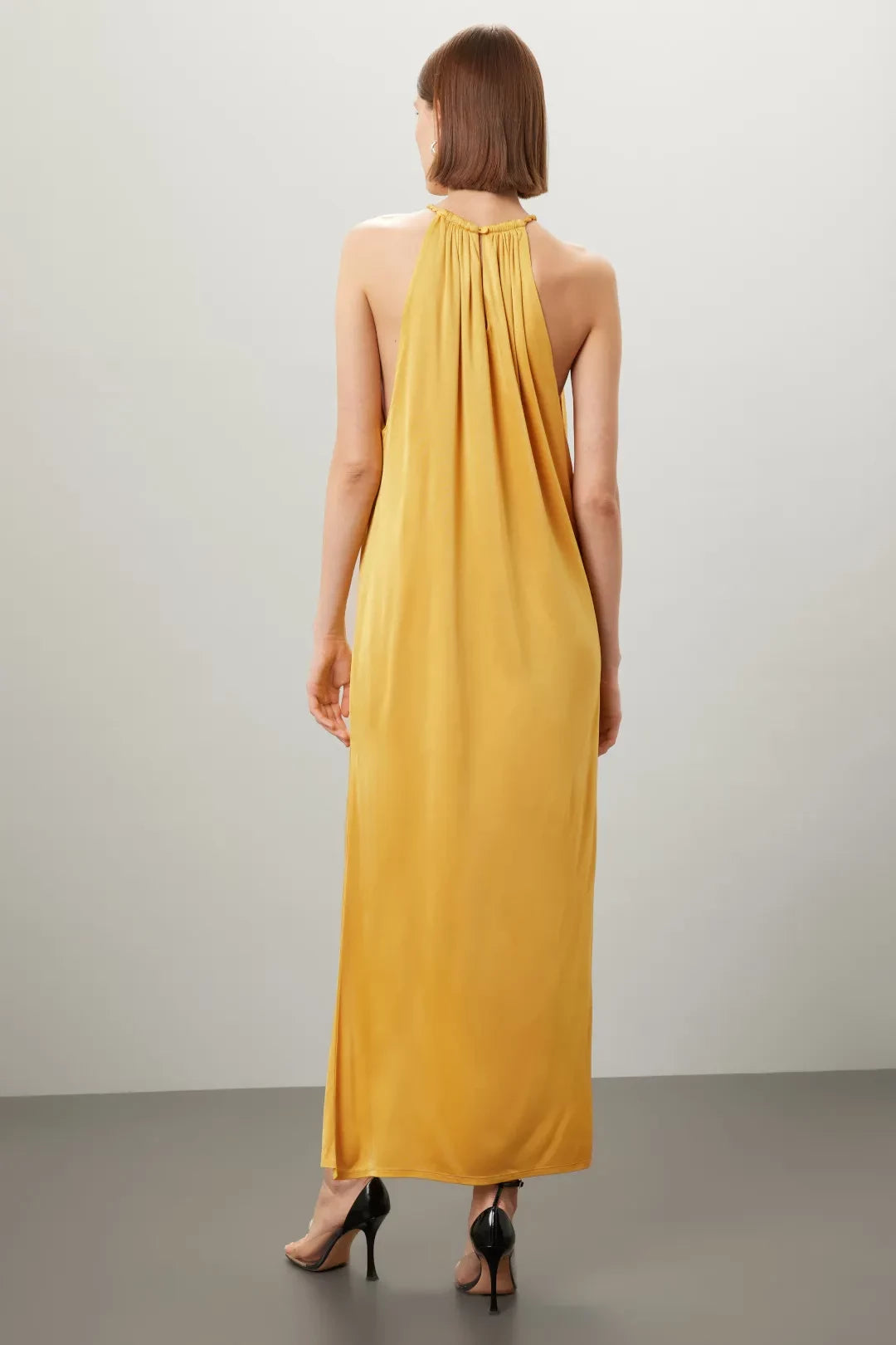 Bohemian A Line Halter Neck Sleeveless Draped Back Floor Length Plus Size Prom Dress